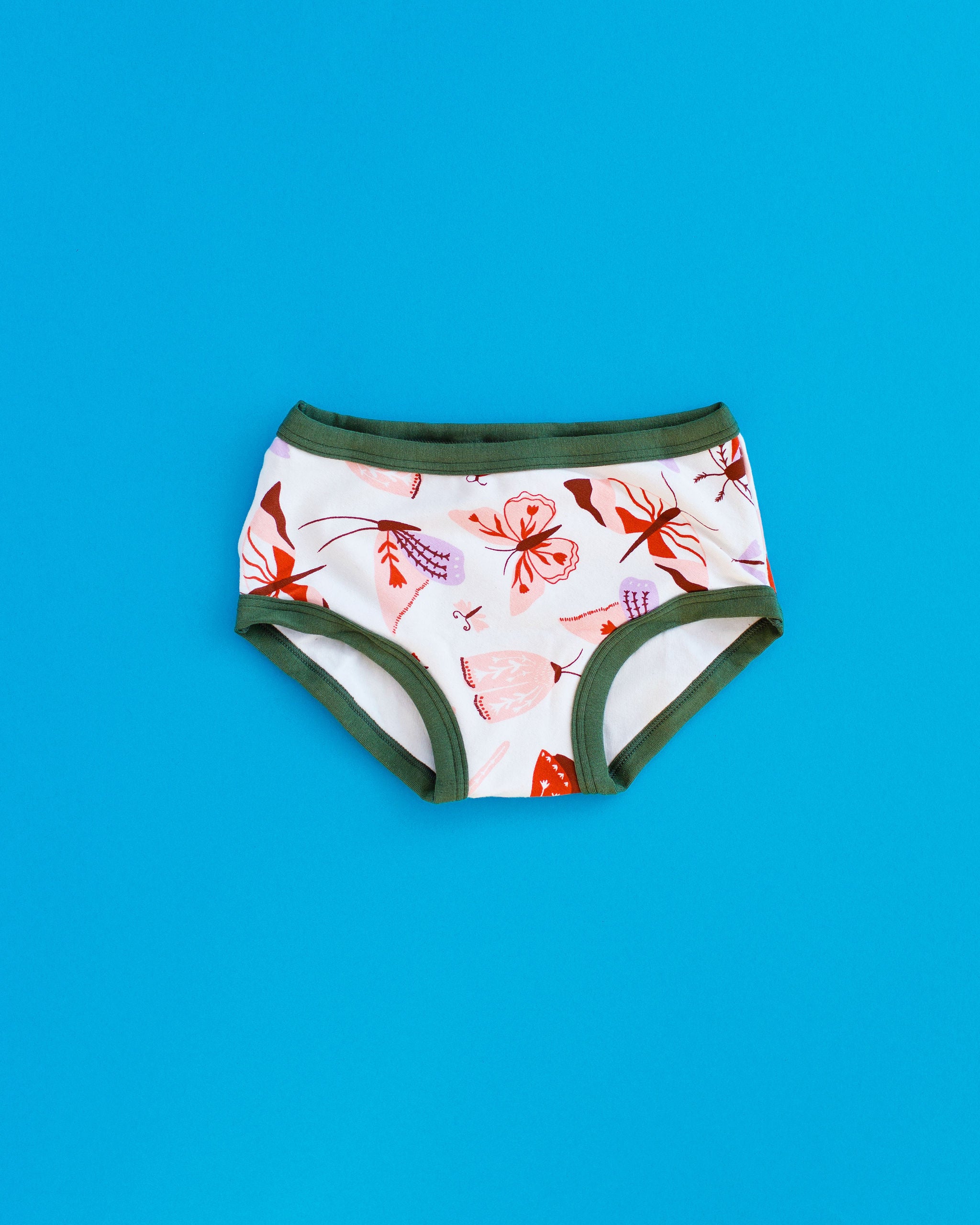 Flat lay of Thunderpants Kids style underwear in Field Study - pink, brown, and orange moths.
