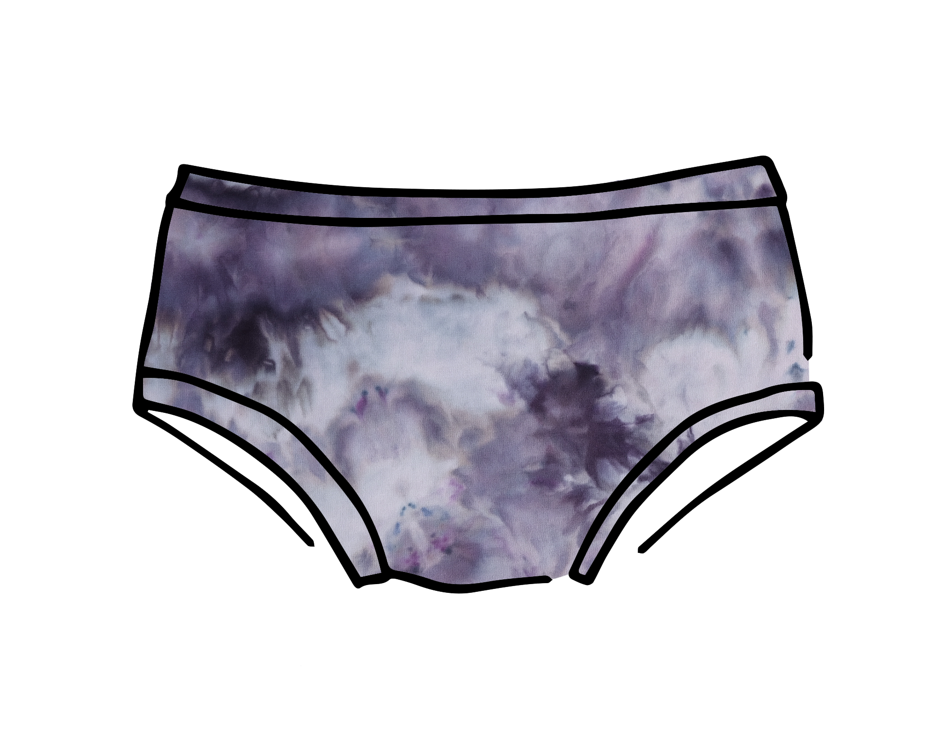 Drawing of Thunderpants Kid's Original style underwear in Haunted Haze Ice Dye - purply grey dye pattern.