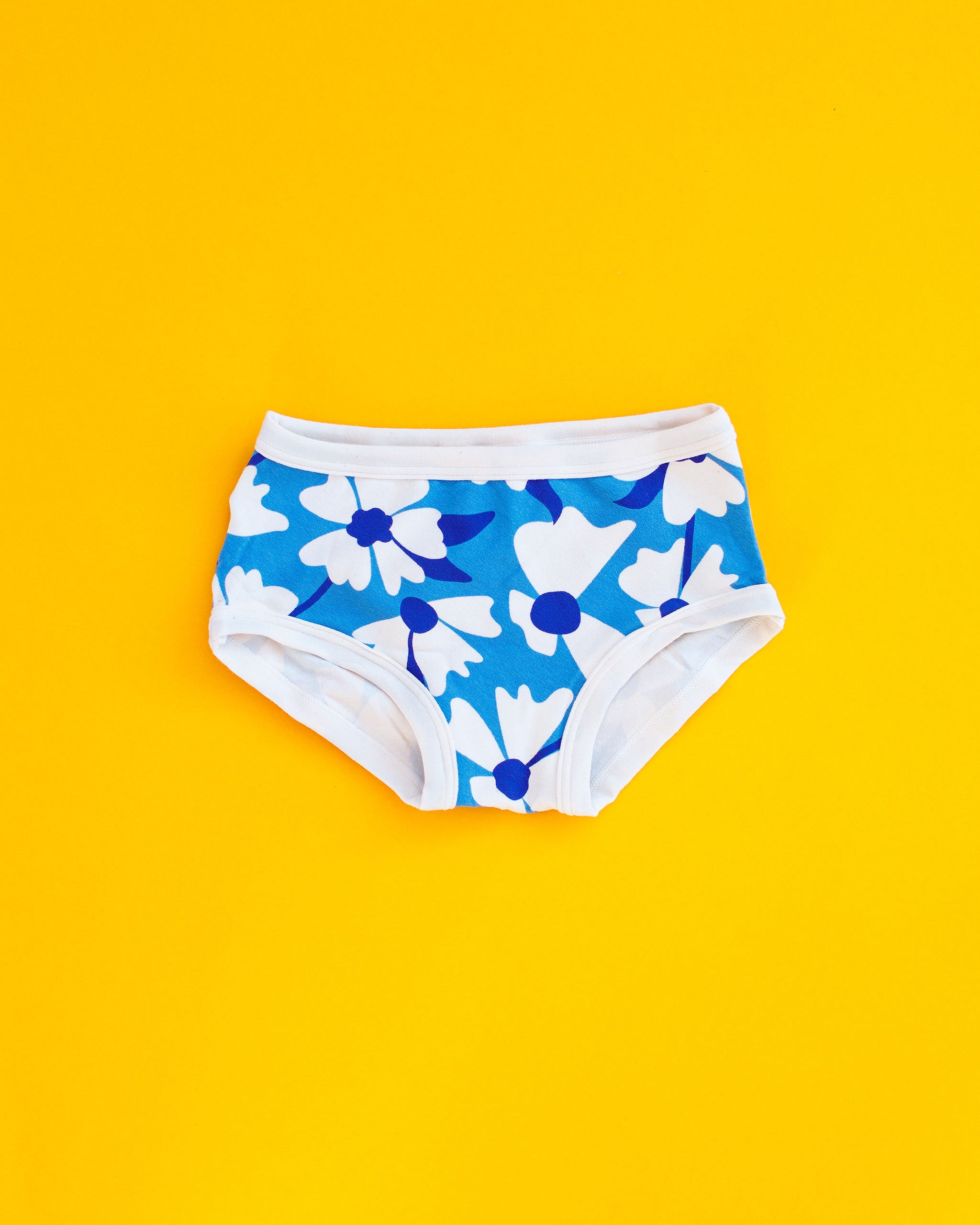 Flat lay of Thunderpants Kids style underwear in Moody Blooms - blue and white flowers.