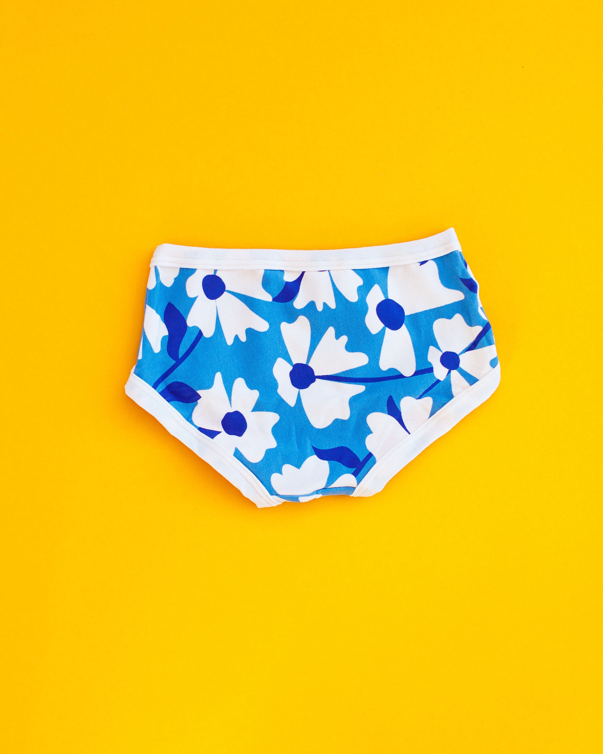 Flat lay of Thunderpants Kids style underwear in Moody Blooms - blue and white flowers.