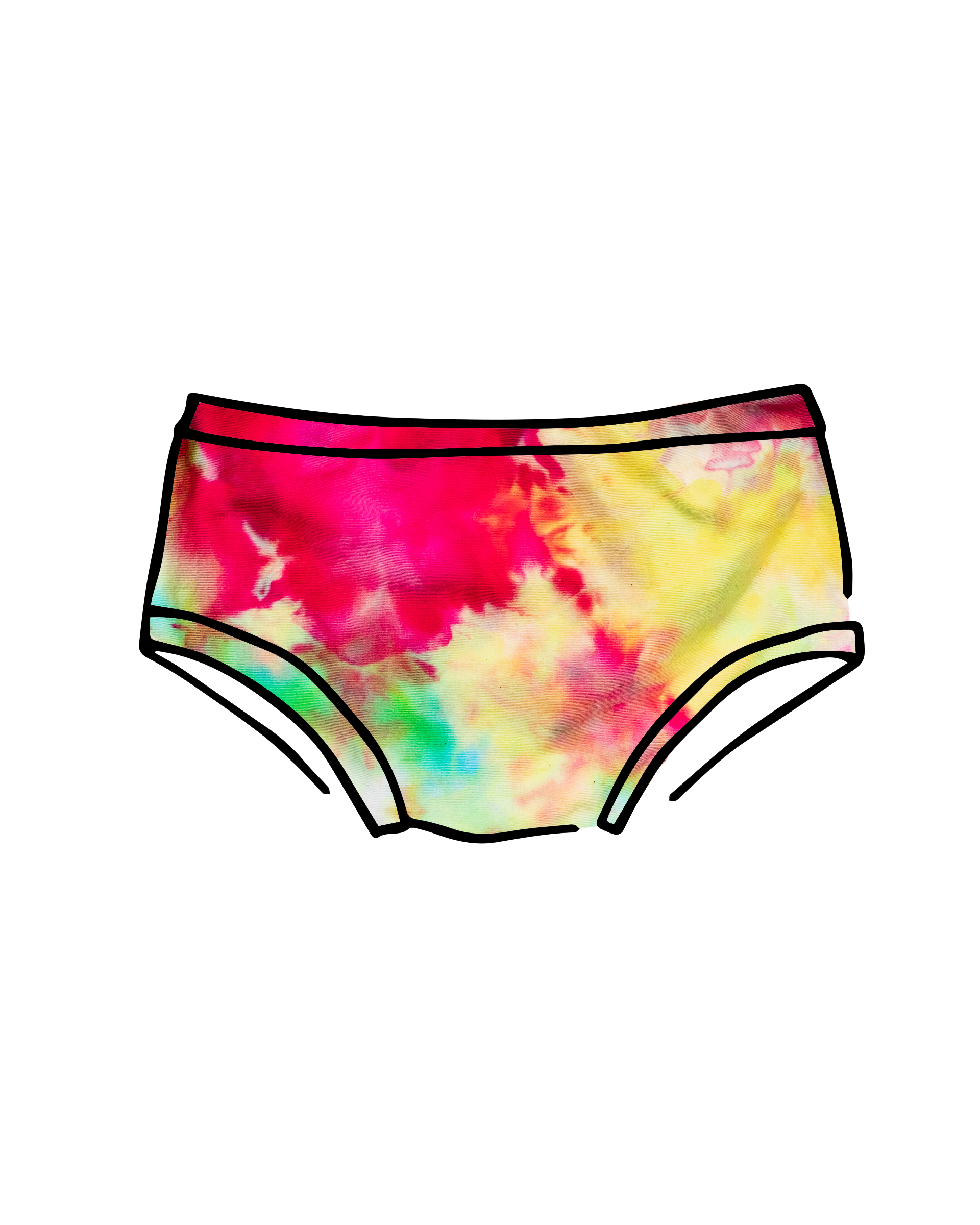 Drawing of Thunderpants Kid's style underwear in Summer Crush Ice Dye - pinks, blues, yellows. 