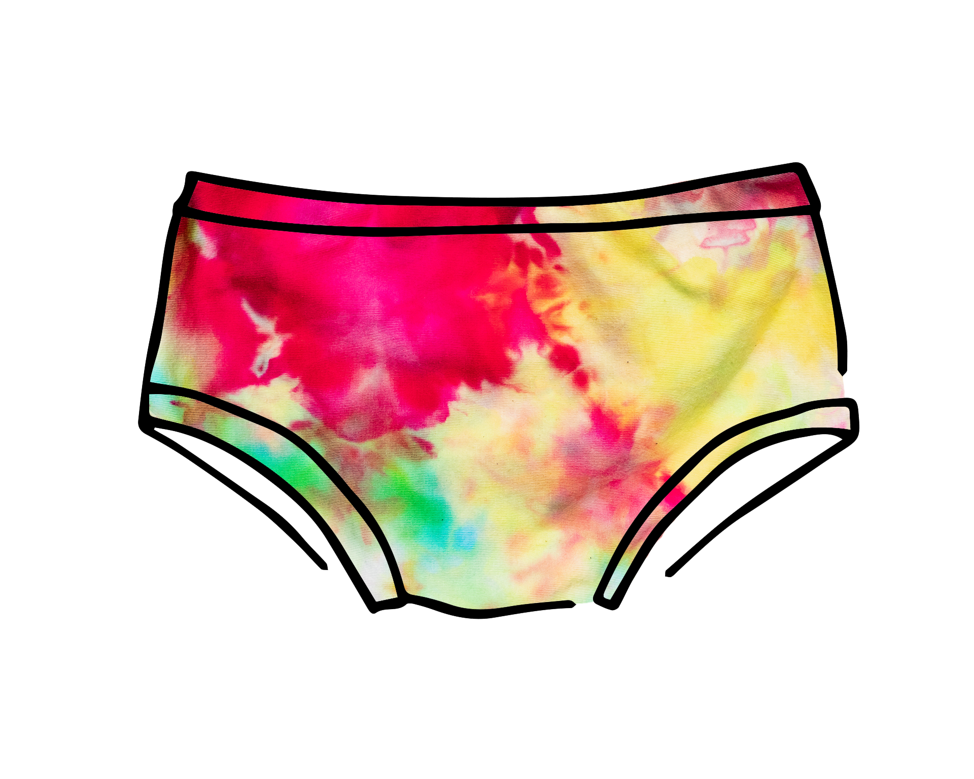 Drawing of Thunderpants Kid's style underwear in Summer Crush Ice Dye - pinks, blues, yellows. 