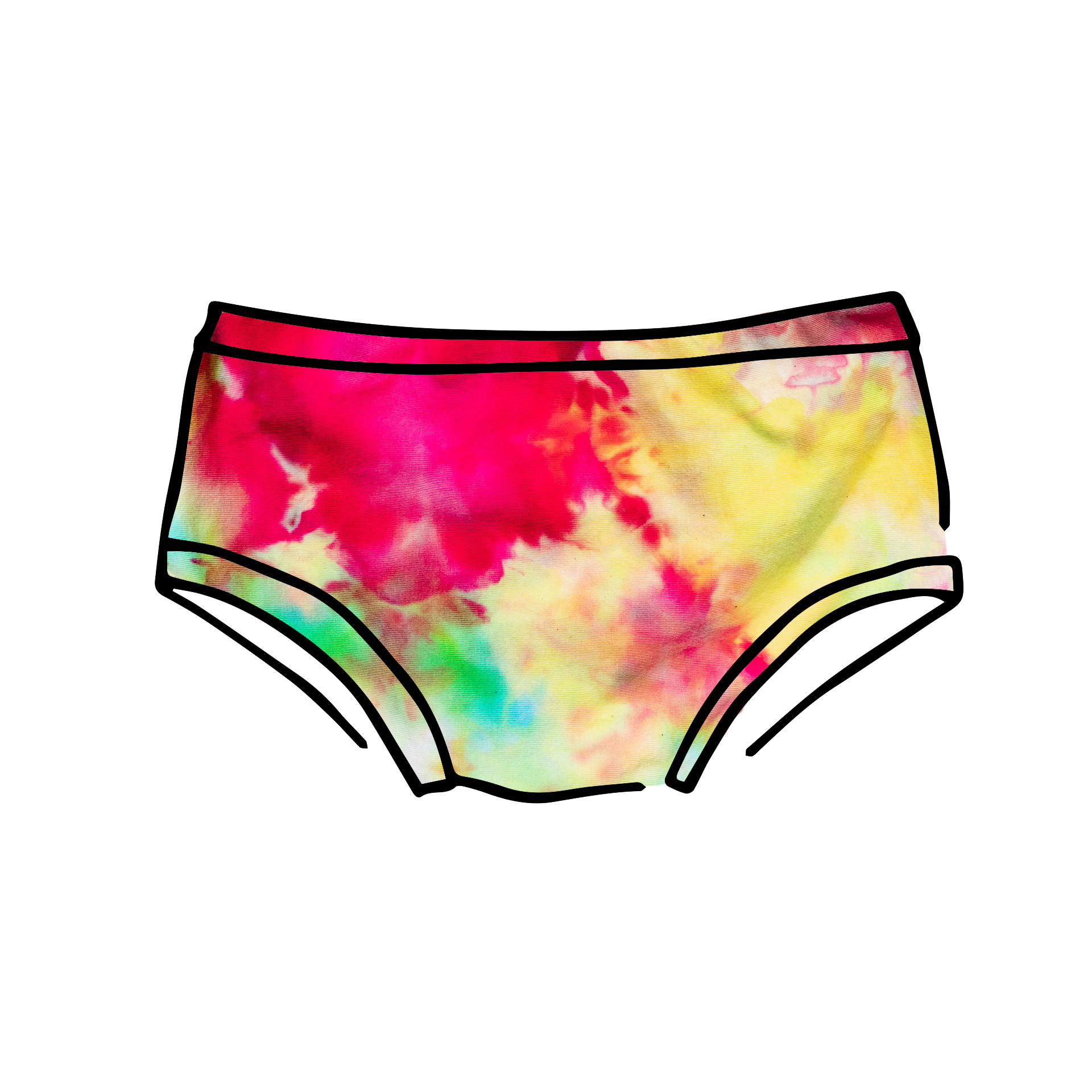 Drawing of Thunderpants Kid's style underwear in Summer Crush Ice Dye - pinks, blues, yellows. 