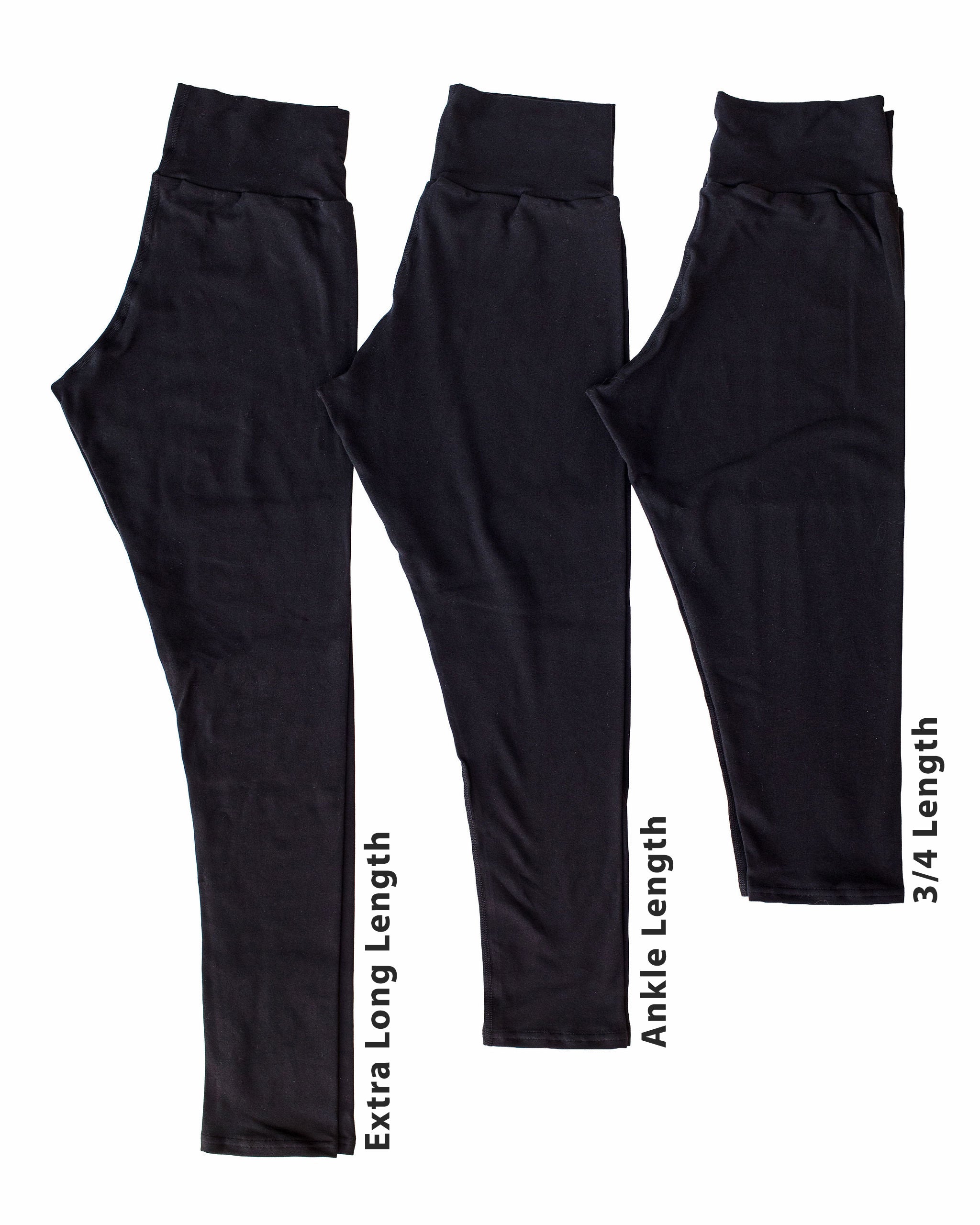 All three lengths of Leggings: Extra Long Length, Ankle Length, 3/4 Length.