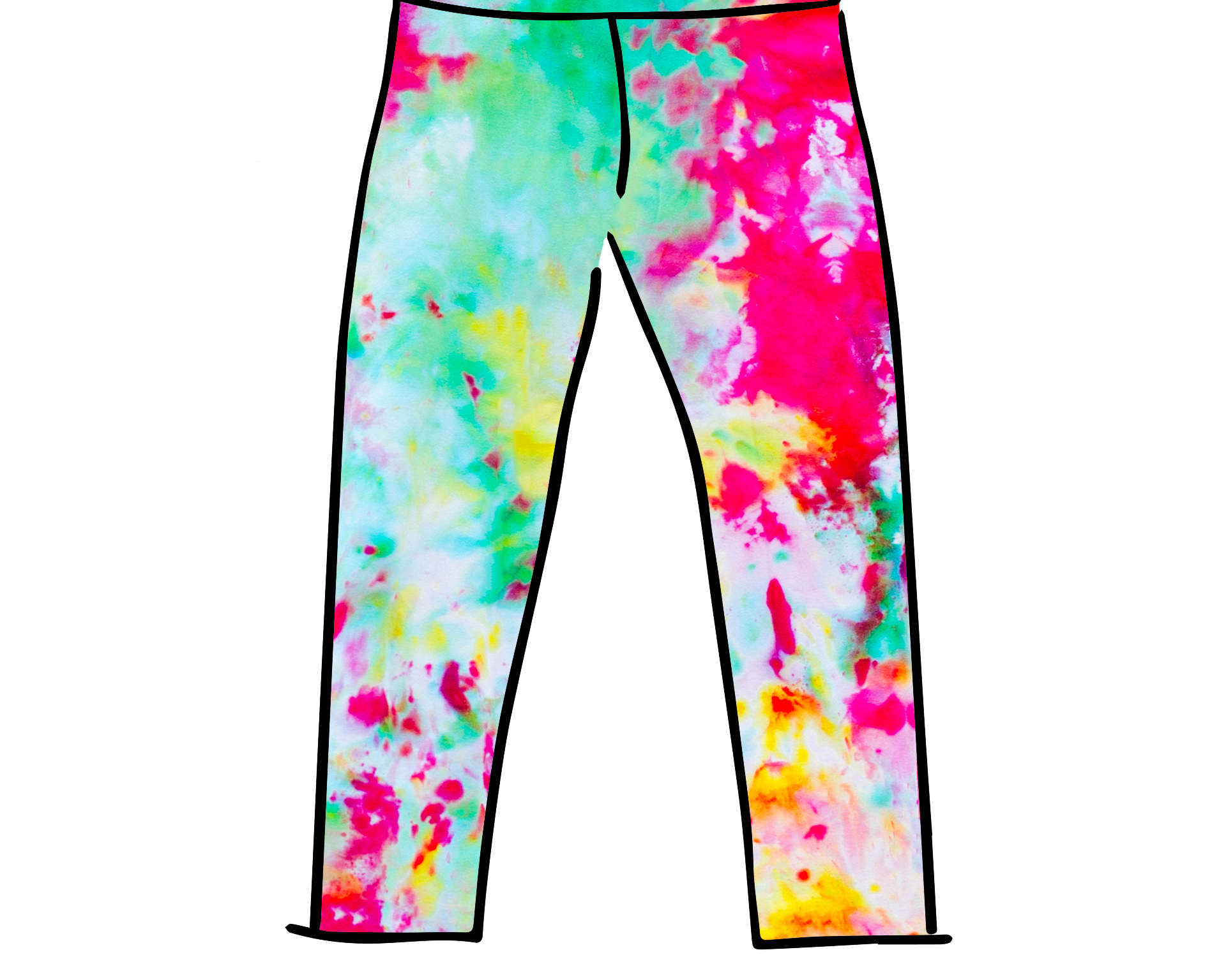 Drawing of Thunderpants Ankle Length Leggings in Summer Crush Ice Dye - pinks, blues, yellows.