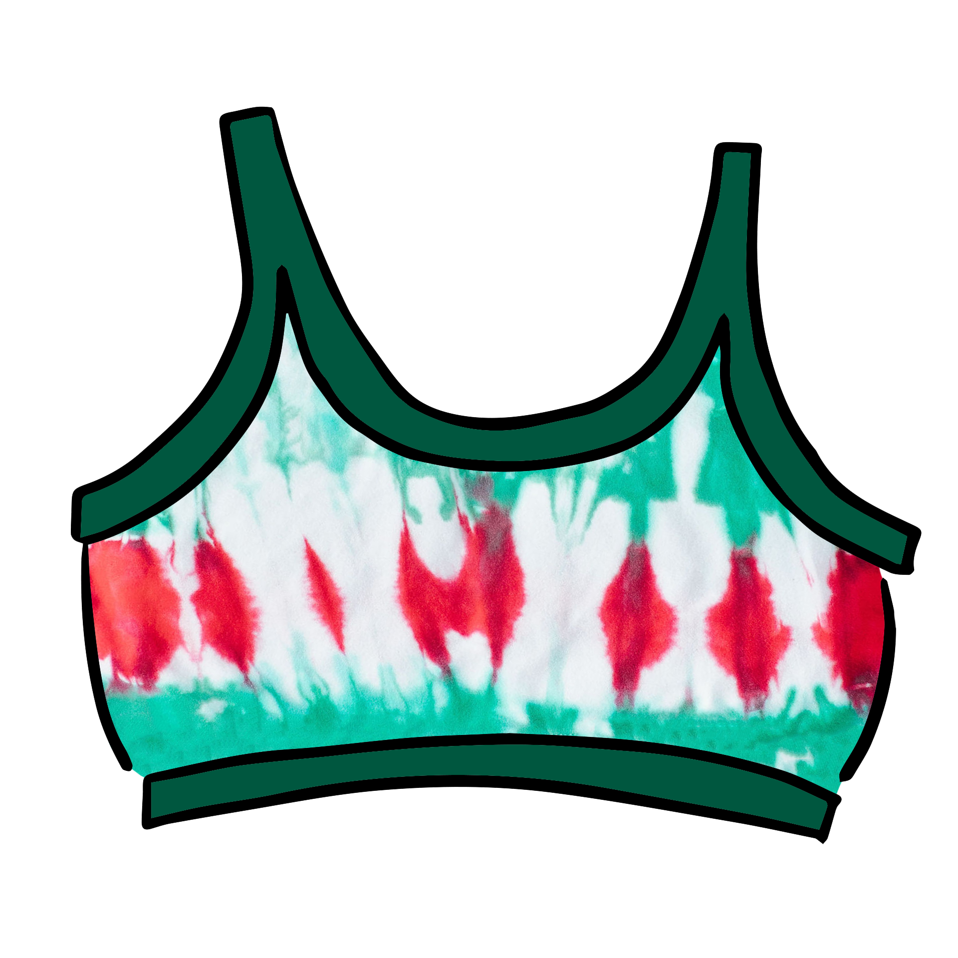 Drawing of Thunderpants Longline Bra in Holiday Dye - red and green tie dye with green binding. 