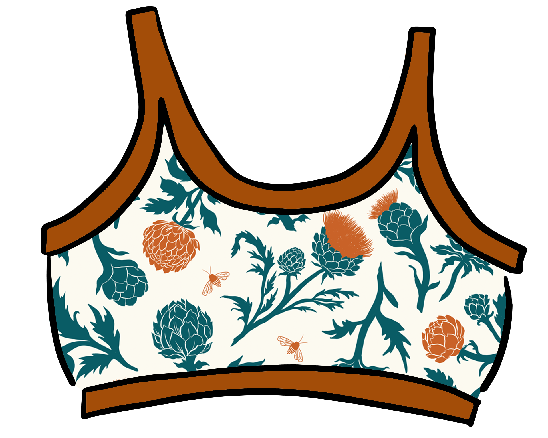 Drawing of Thunderpants Longline Bra in Robben's Artichokes print - teal and rust artichokes and bees.