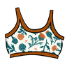 Drawing of Thunderpants Longline Bra in Robben's Artichokes print - teal and rust artichokes and bees.