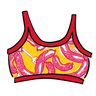 Drawing of Thunderpants Longline Bra in Hot Dawg! print - pink sausages on yellow background and red binding.