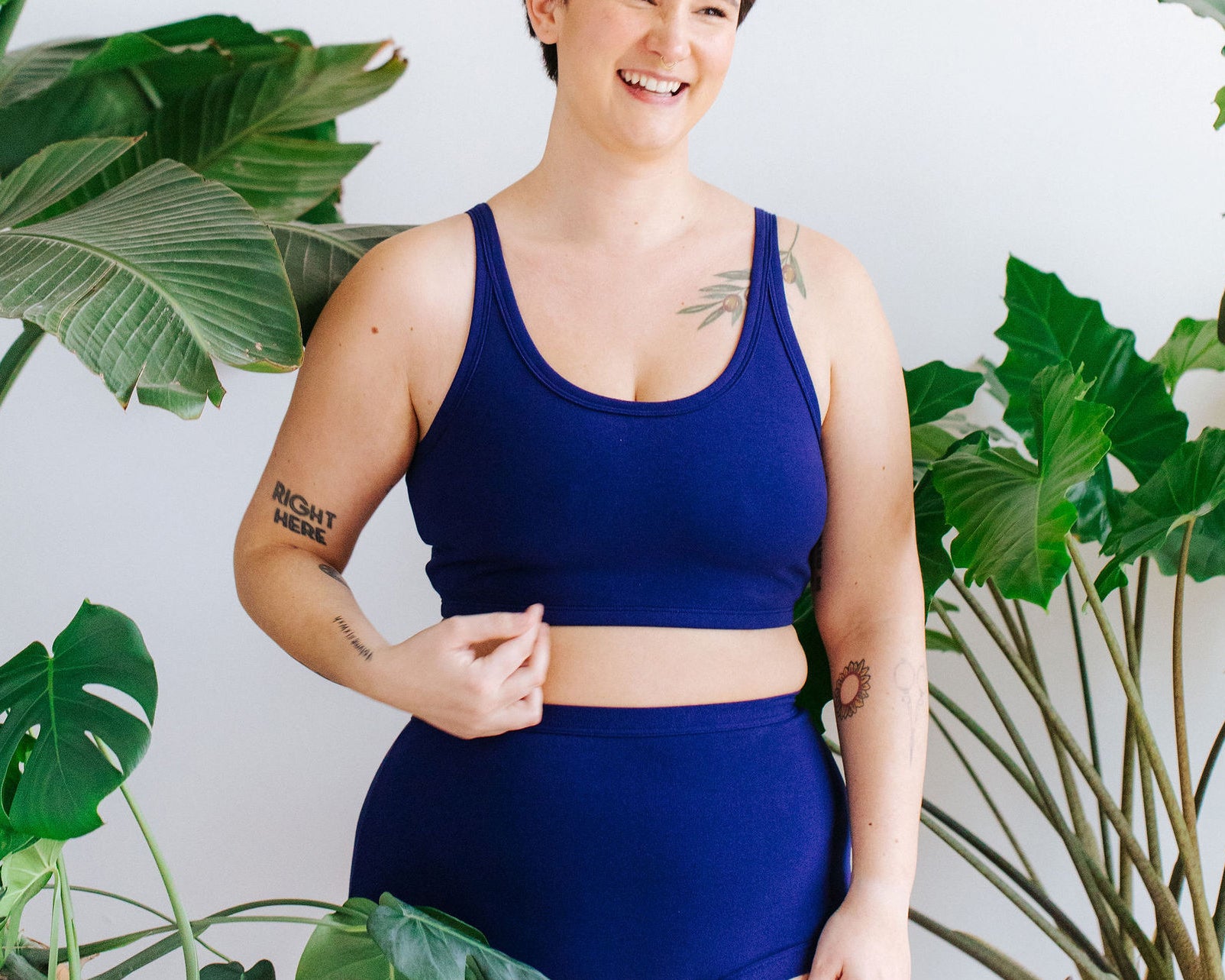 Model wearing Thunderpants Longline Bra and Sky Rise style underwear in Indigo Blue.