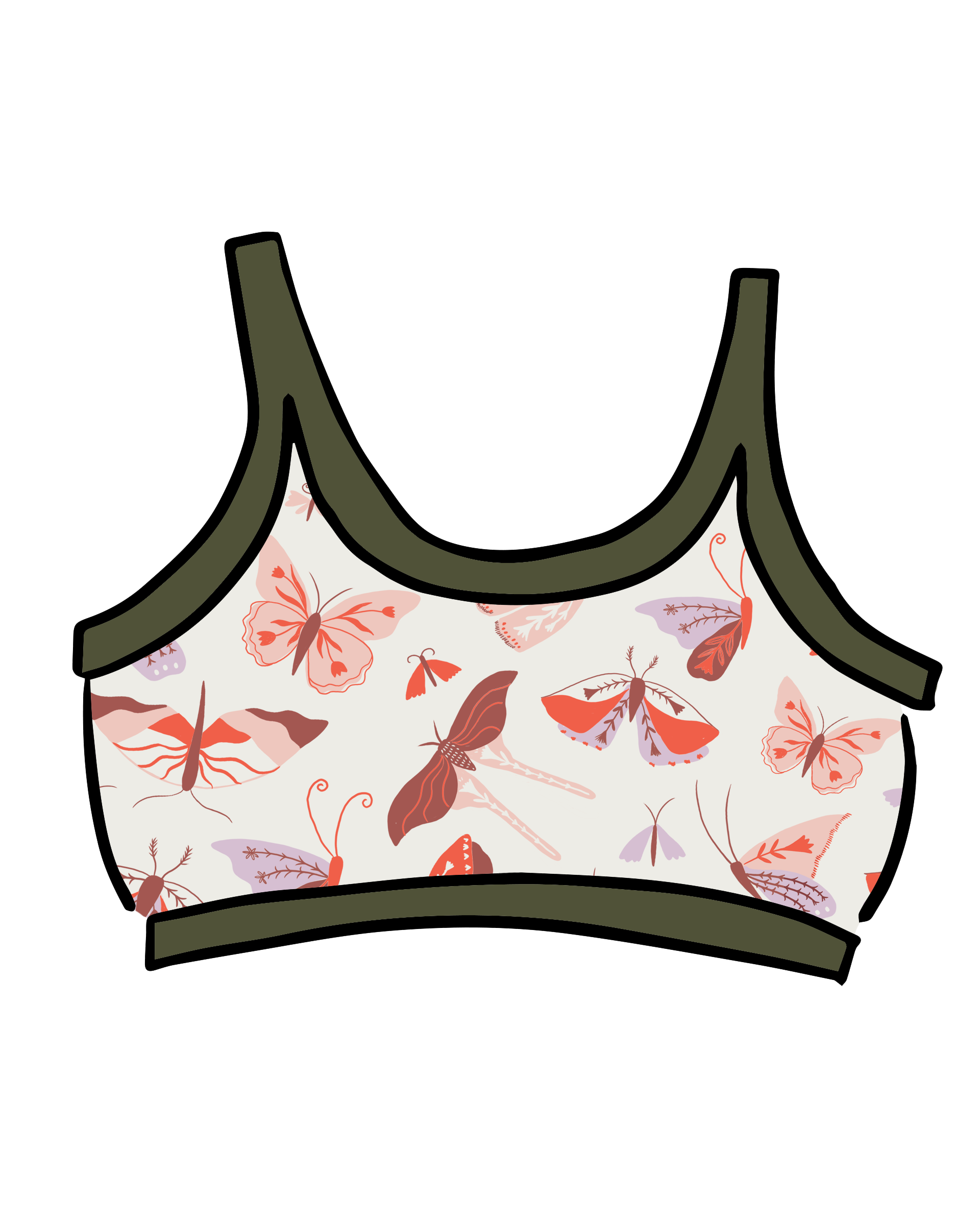 Drawing of Thunderpants Longline Bra in Field Study: a moth print in red, orange, pink, and purple bound in green.