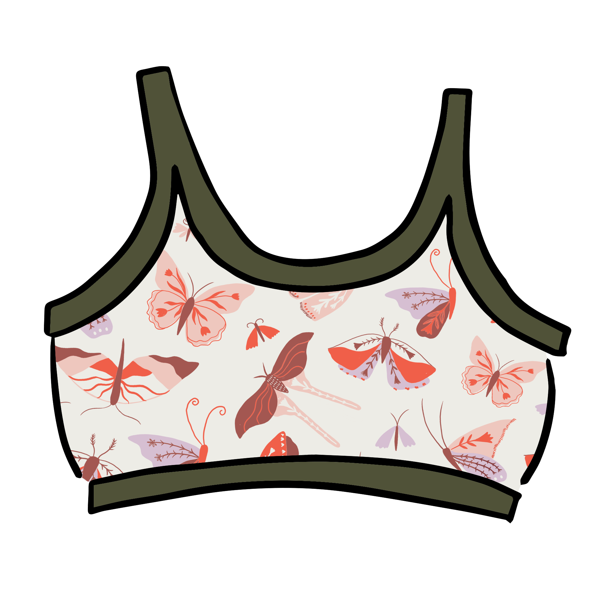 Drawing of Thunderpants Longline Bra in Field Study: a moth print in red, orange, pink, and purple bound in green.