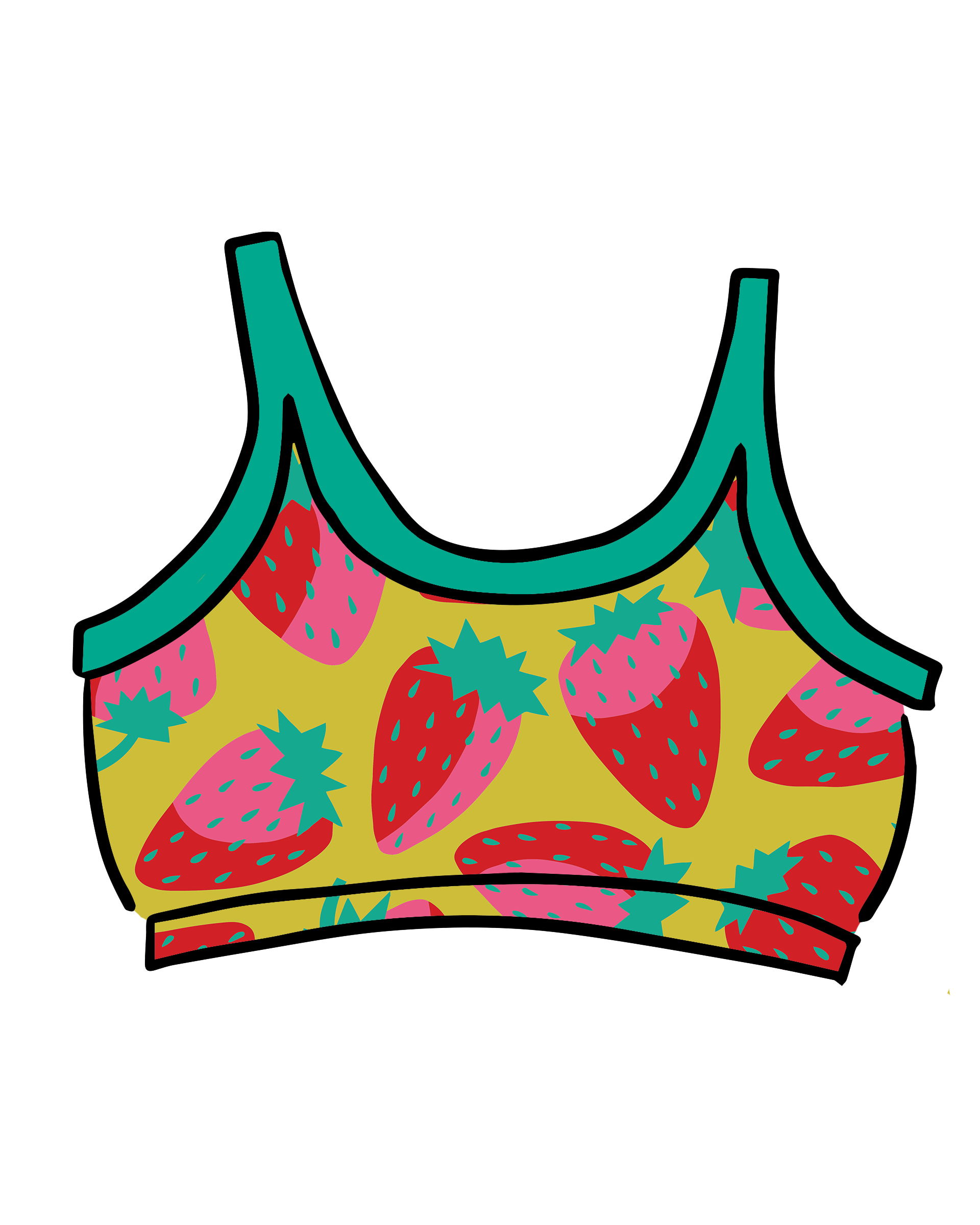 Drawing of Thunderpants Longline Bra in a Strawberry print - pink, red, and peacock green on chartreuse. 