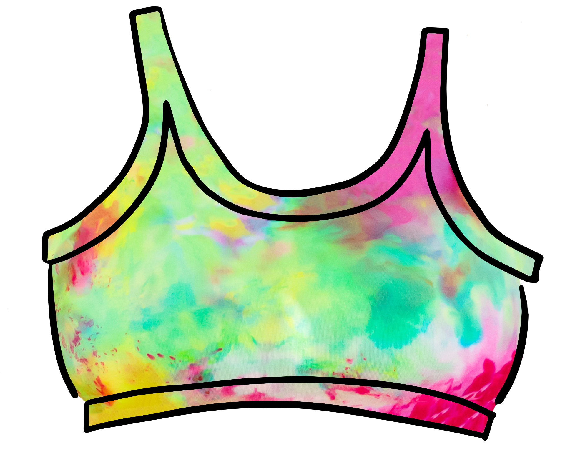 Drawing of Thunderpants Longline Bra in Summer Crush Ice Dye - pinks, blues, yellows. 