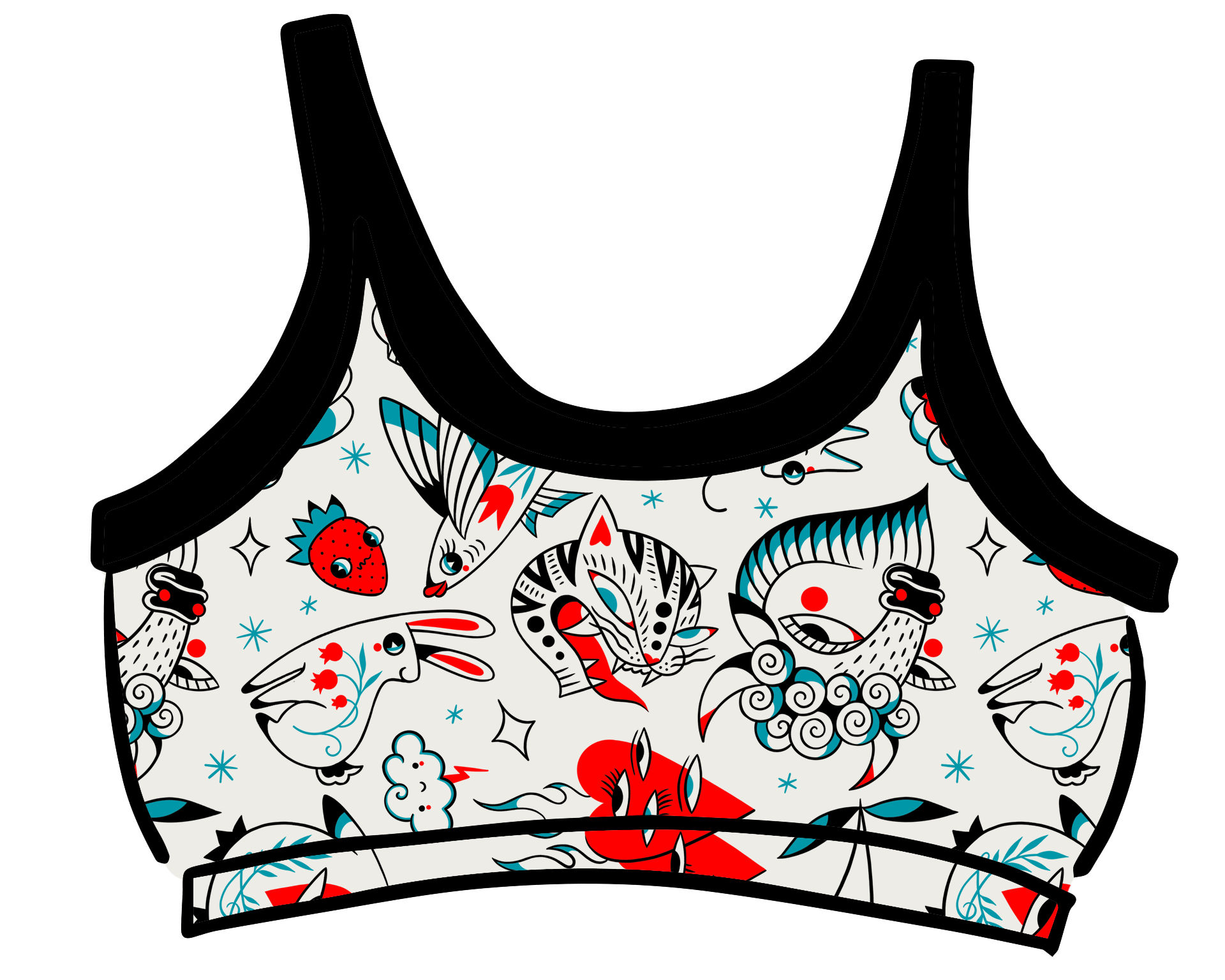 Drawing of Thunderpants Longline Bra in Inked Up - a tattoo pattern with black, red, and blue. 