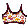 Drawing of Thunderpants Longline Bra in Whadda Fungi - red, yellow, and orange mushroom print.