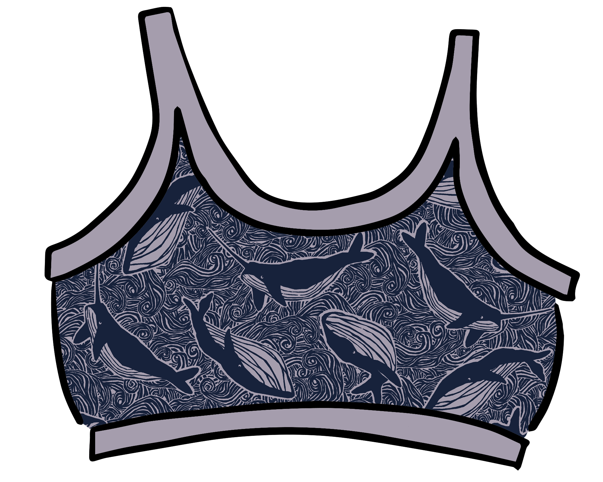 Drawing of Thunderpants Longline Bra in Whale, Whale, Whale - indigo whales on lavender.