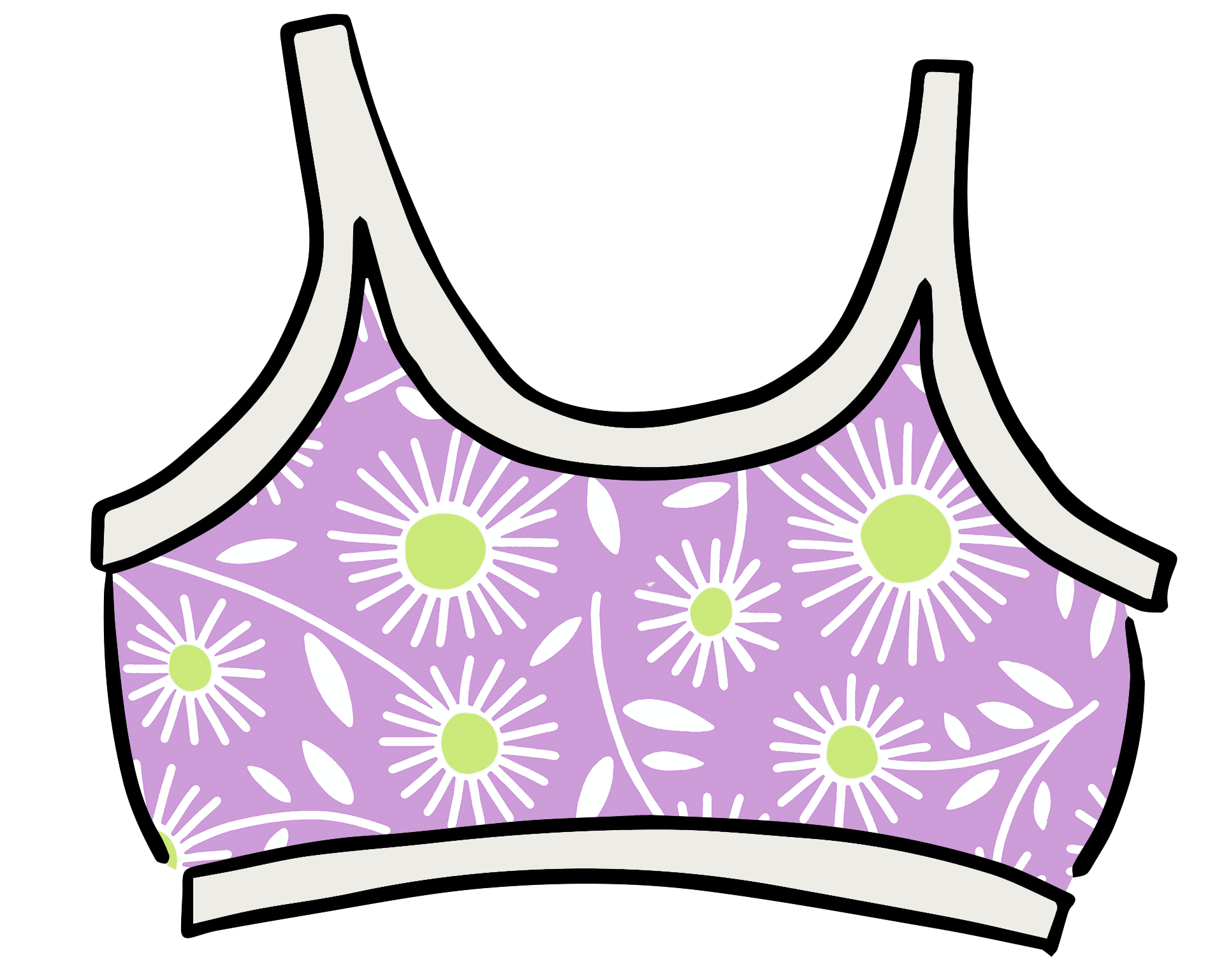 Drawing of Thunderpants Longline Bra in Delia's Daisy - white, green, and purple daisies print.