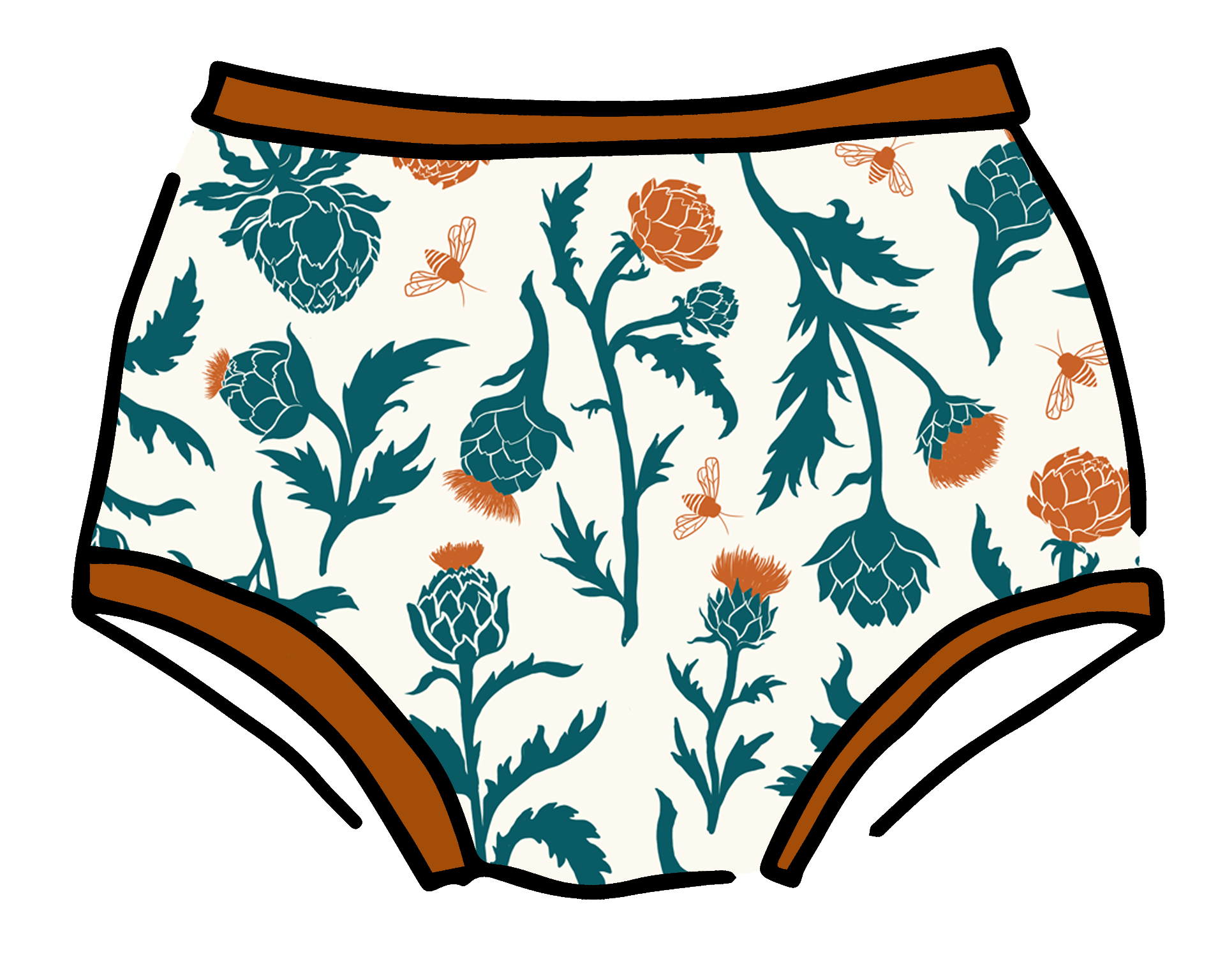 Drawing of Thunderpants Original style underwear in Robben's Artichokes print - teal and rust artichokes and bees.