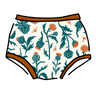 Drawing of Thunderpants Original style underwear in Robben's Artichokes print - teal and rust artichokes and bees.
