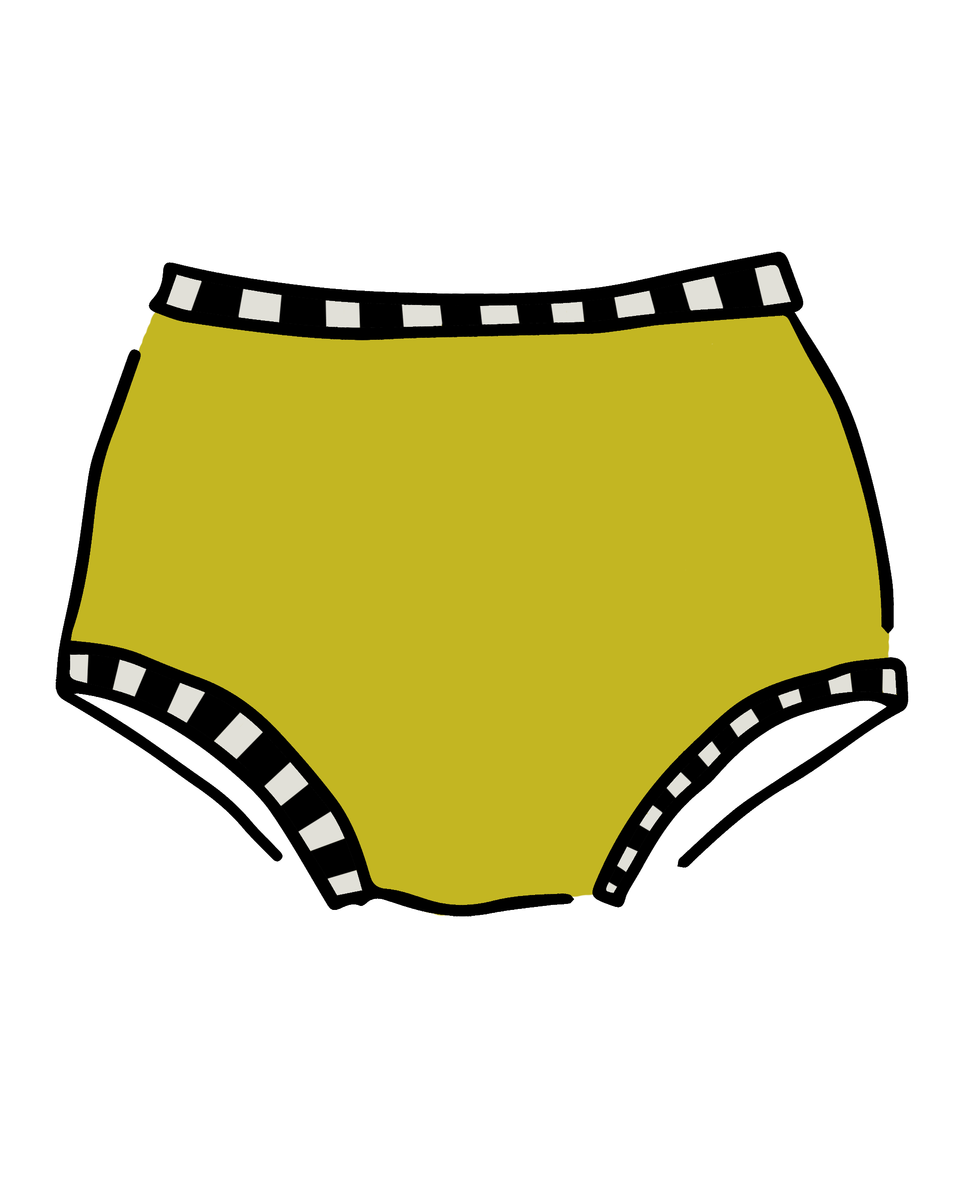 Drawing of Thunderpants Original style underwear in yellow with black and white stripe binding.