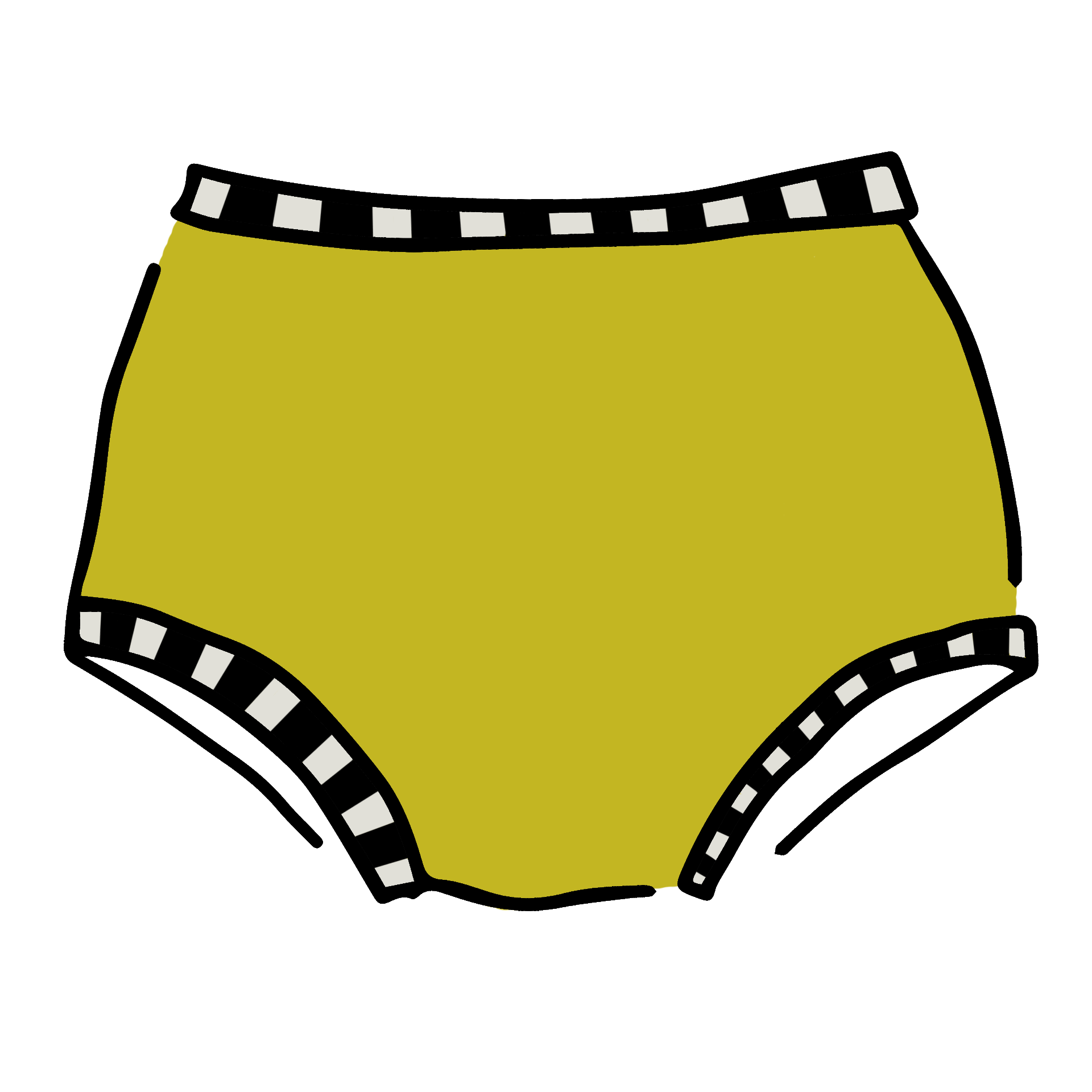 Drawing of Thunderpants Original style underwear in yellow with black and white stripe binding.