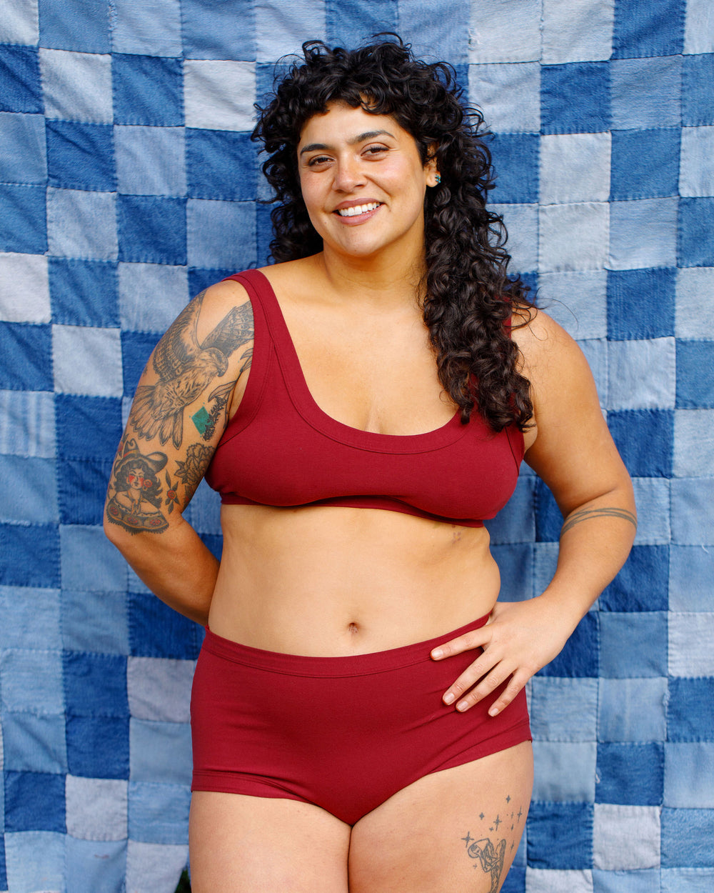 Model wearing Thunderpants Original style underwear and Bralette in Cabern-YAY - a deep wine red color.
