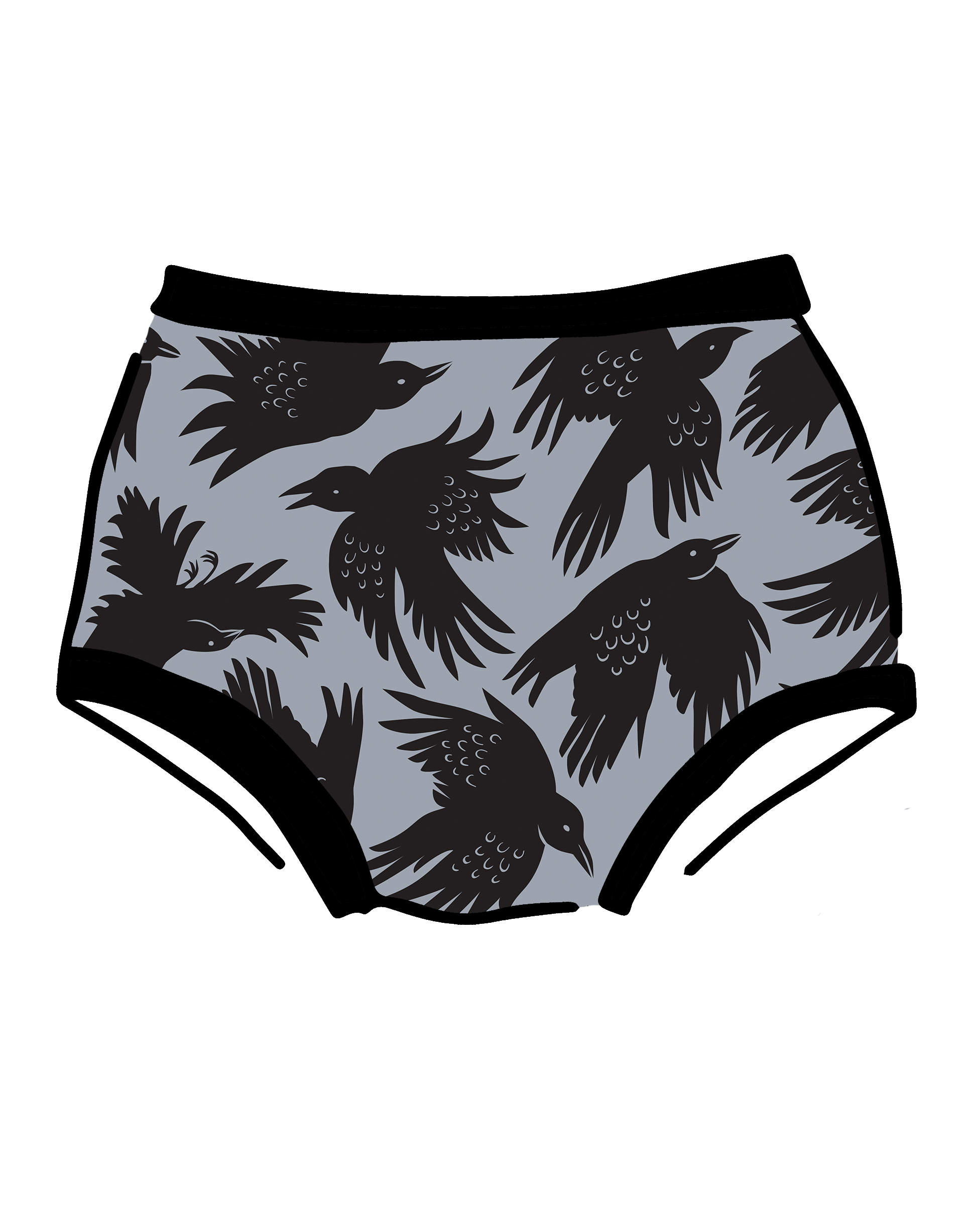 Drawing of Thunderpants Original style underwear in So it Crows - black crows on grey. 
