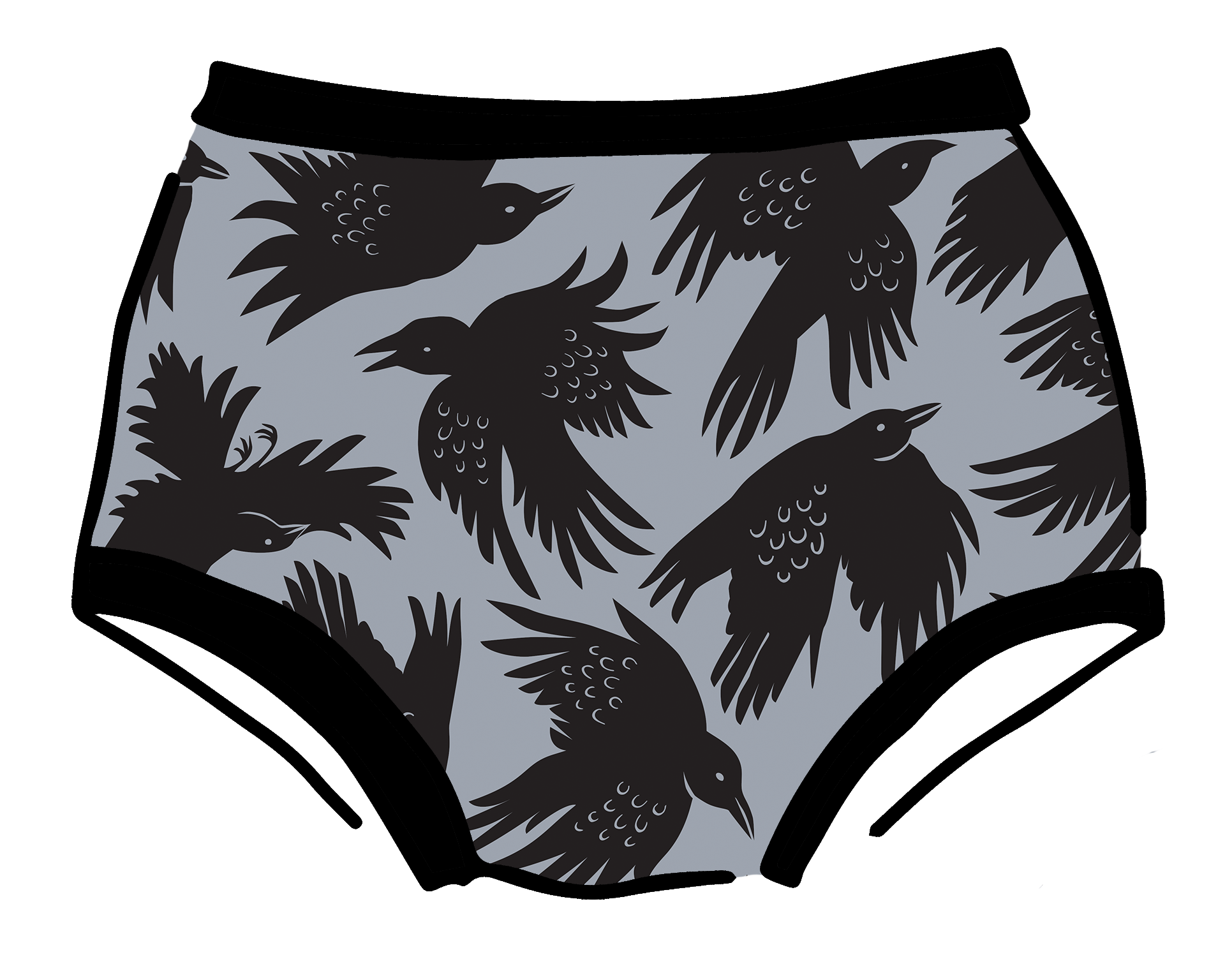 Drawing of Thunderpants Original style underwear in So it Crows - black crows on grey. 