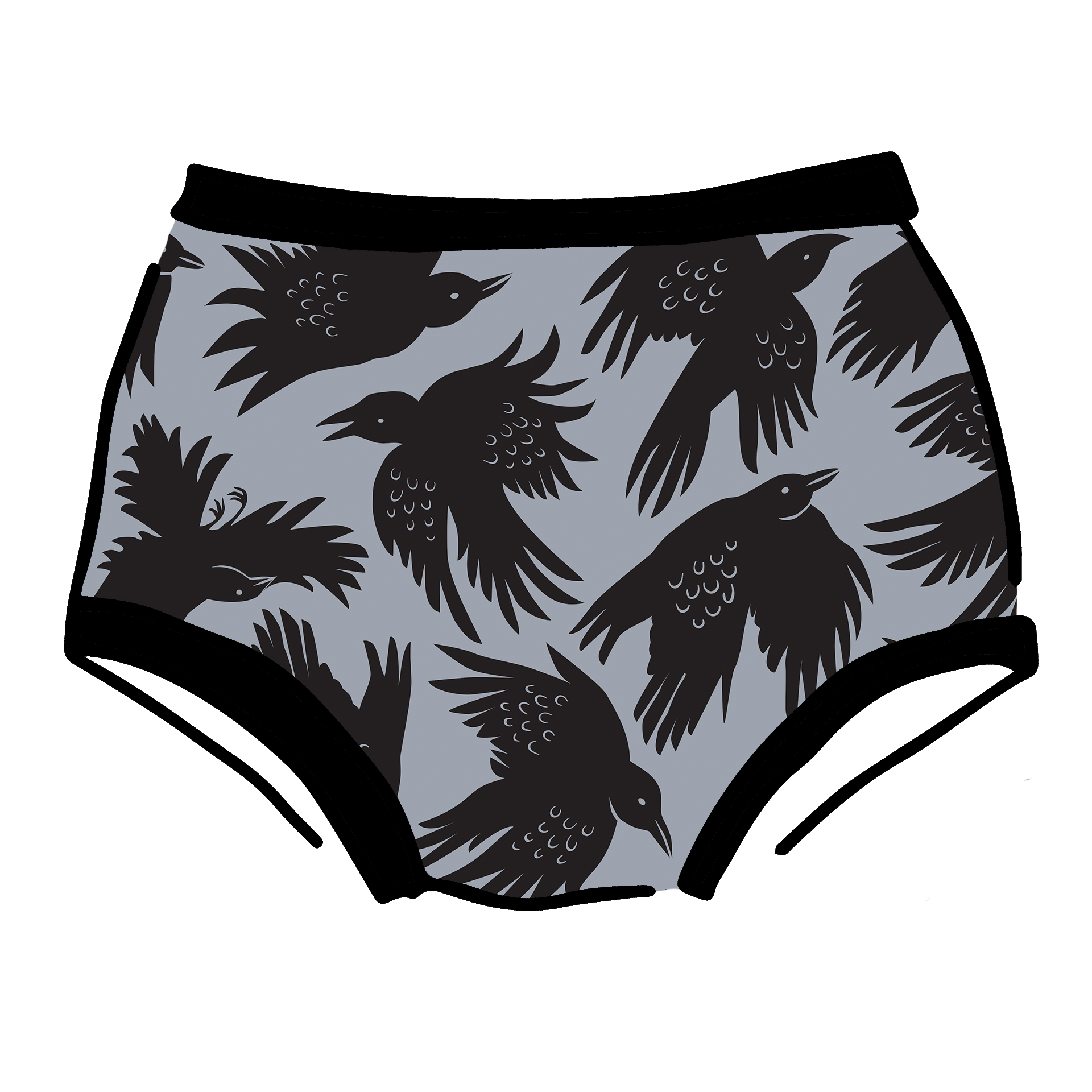 Drawing of Thunderpants Original style underwear in So it Crows - black crows on grey. 