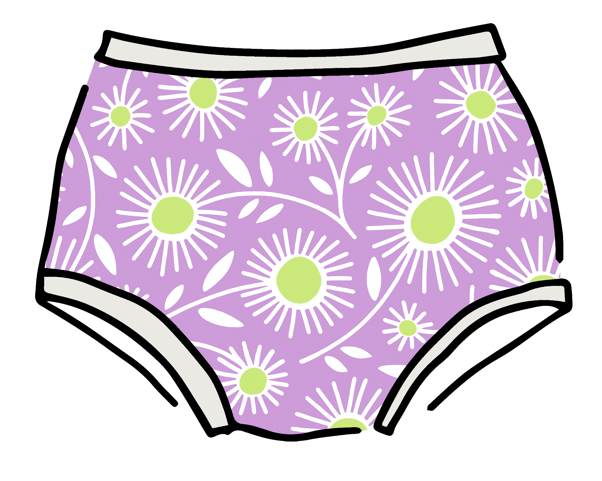 Drawing of Thunderpants Original style underwear in Delia's Daisy - white, green, and purple daisies print.