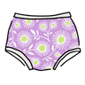 Drawing of Thunderpants Original style underwear in Delia's Daisy - white, green, and purple daisies print.