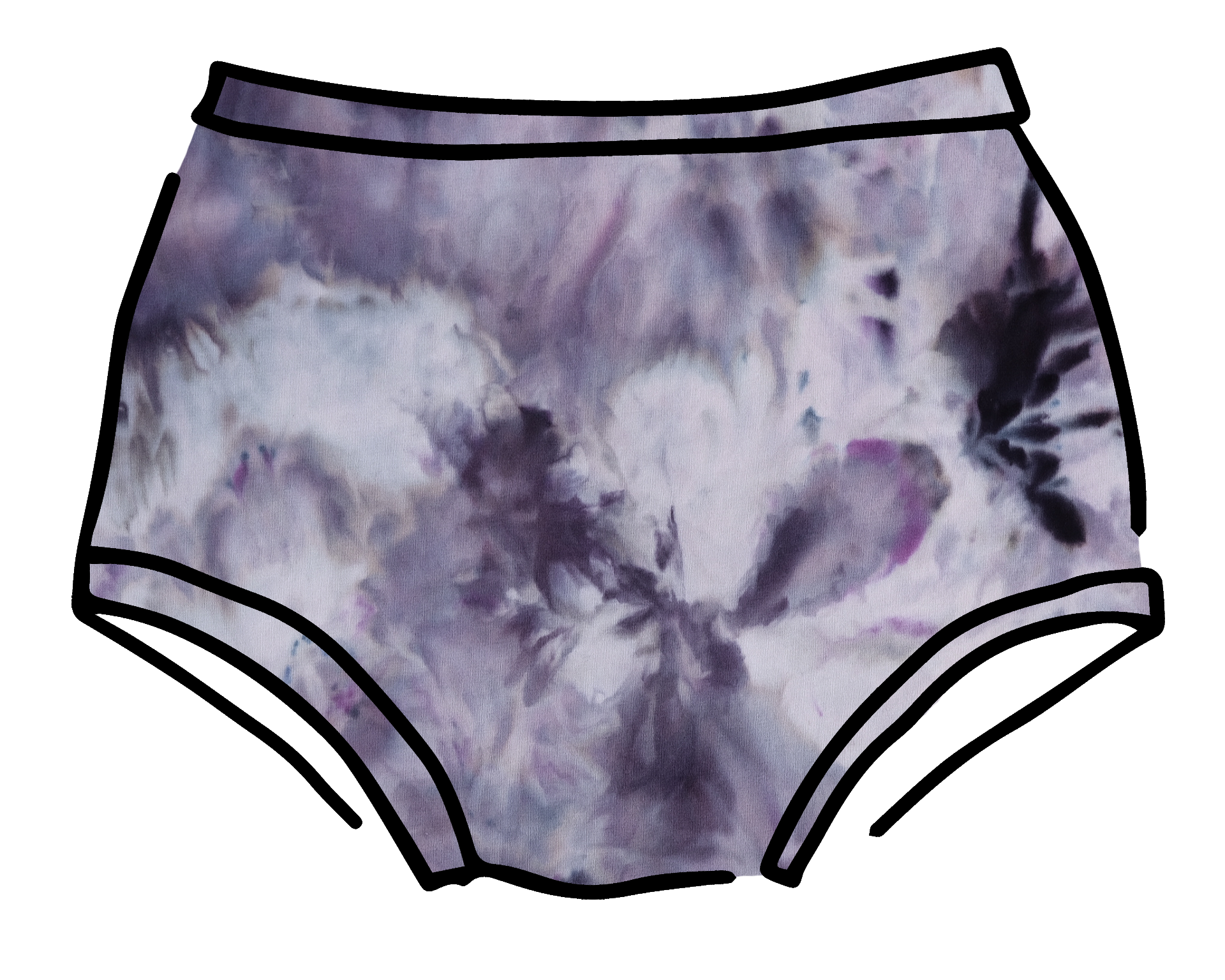 Drawing of Thunderpants Original style underwear in Haunted Haze Ice Dye - purply grey dye pattern.
