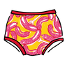 Drawing of Thunderpants Original style underwear in Hot Dawg! print - pink sausages on yellow background and red binding.