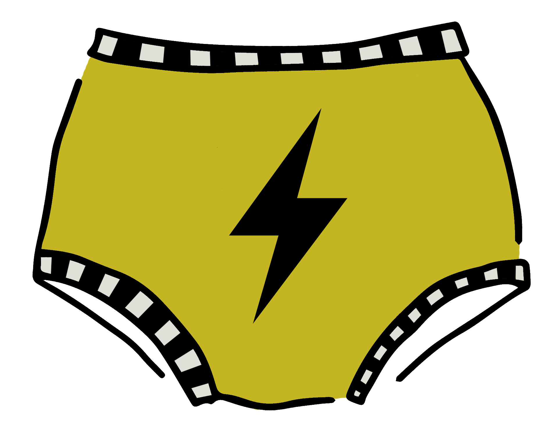 Drawing of Thunderpants Original style underwear in Thunderstruck - yellow with a black lightning bolt.