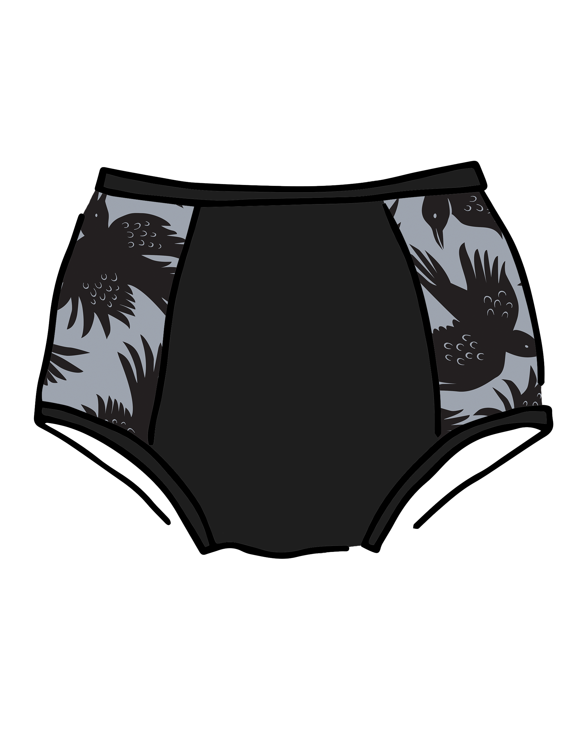 Drawing of Thudnerpants Original Panel Pants style underwear in So it Crows - black crows with grey background one the sides and black on front and back. 