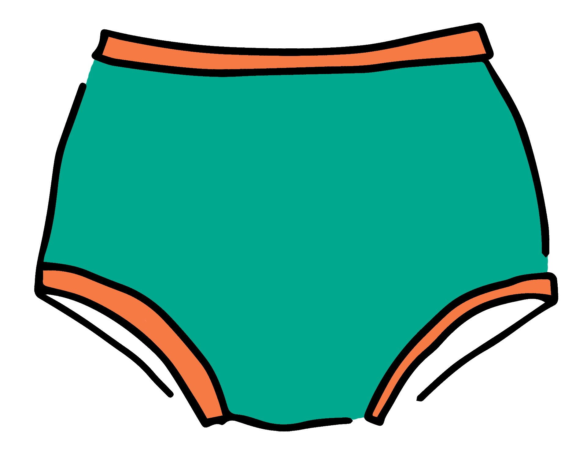 Drawing of Thunderpants Original style underwear in Bird in Paradise - peacock green with orange binding.