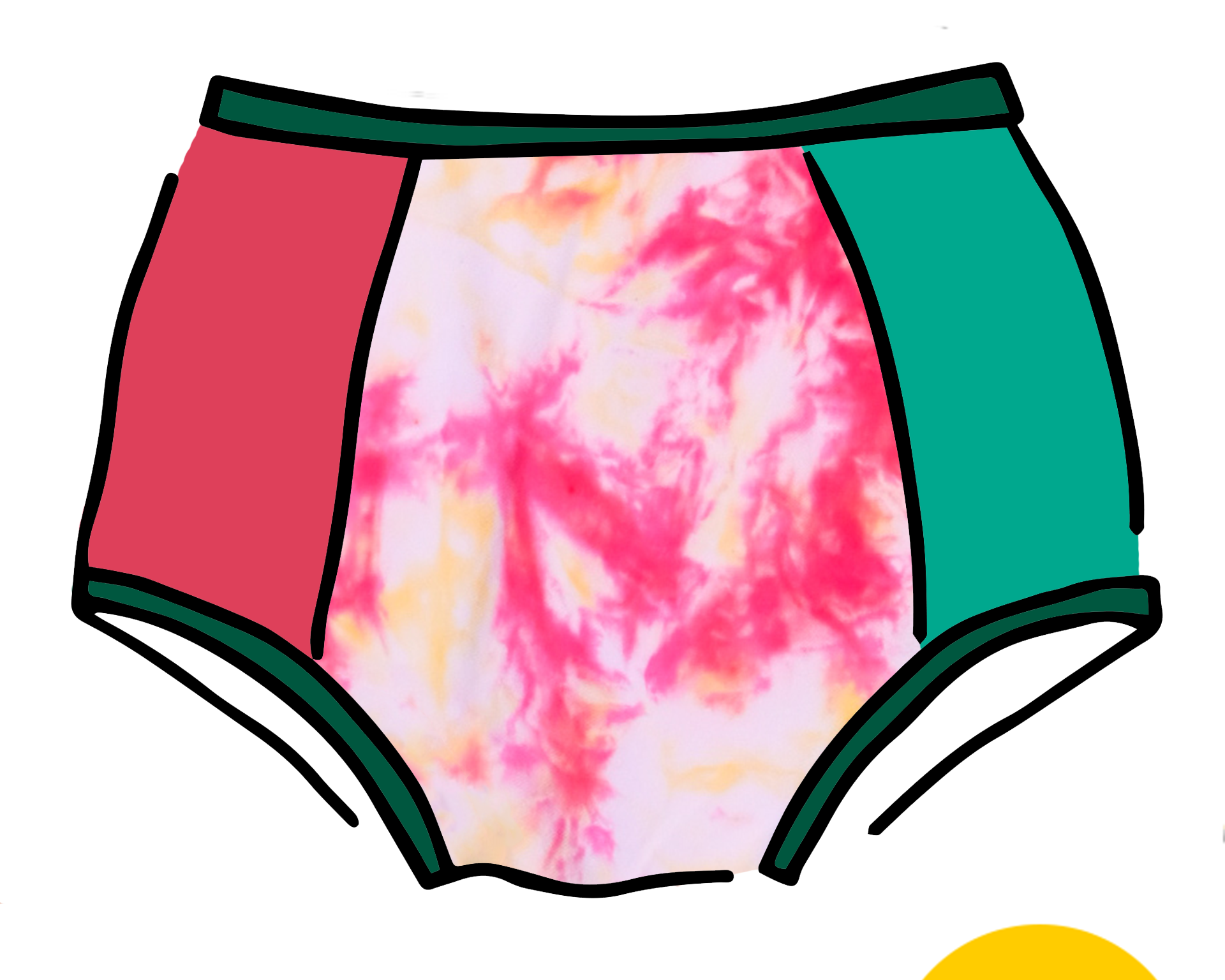 Drawing of Thunderpants Original style underwear in Dye Scrap Panel Pants - a mix of solids and dyed fabrics.
