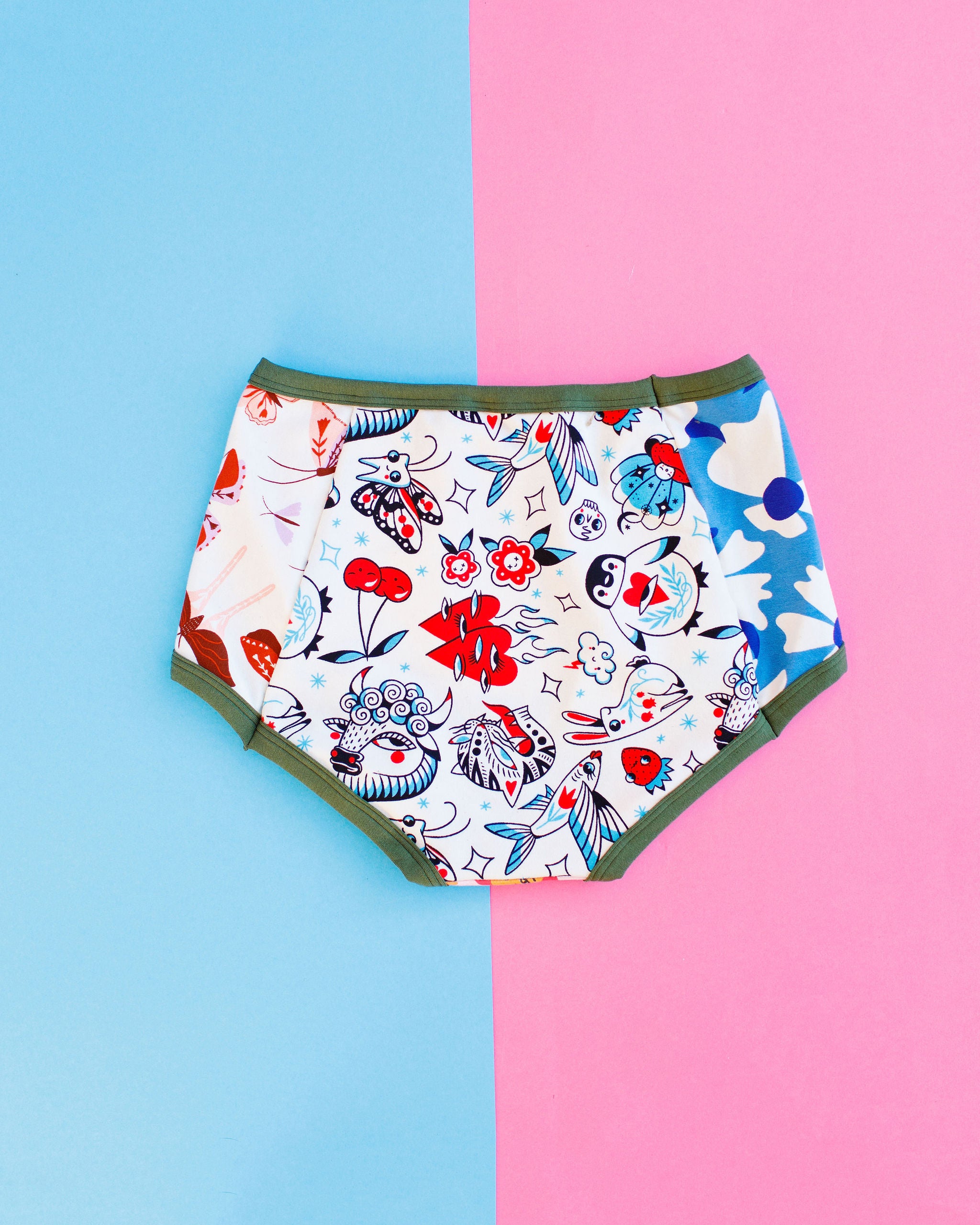 Flat lay of Thunderpants Original Panel Pant style underwear with various prints and colors.