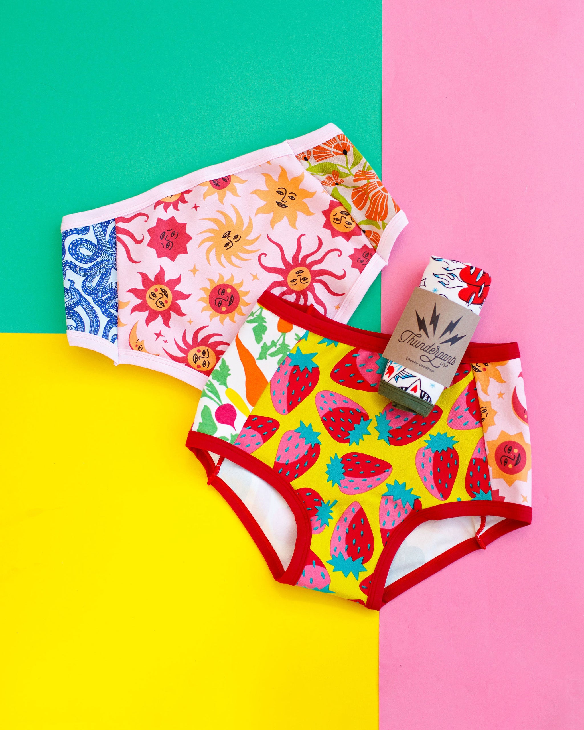 Flat lay of Thunderpants Original Panel Pant style underwear with various prints and colors.