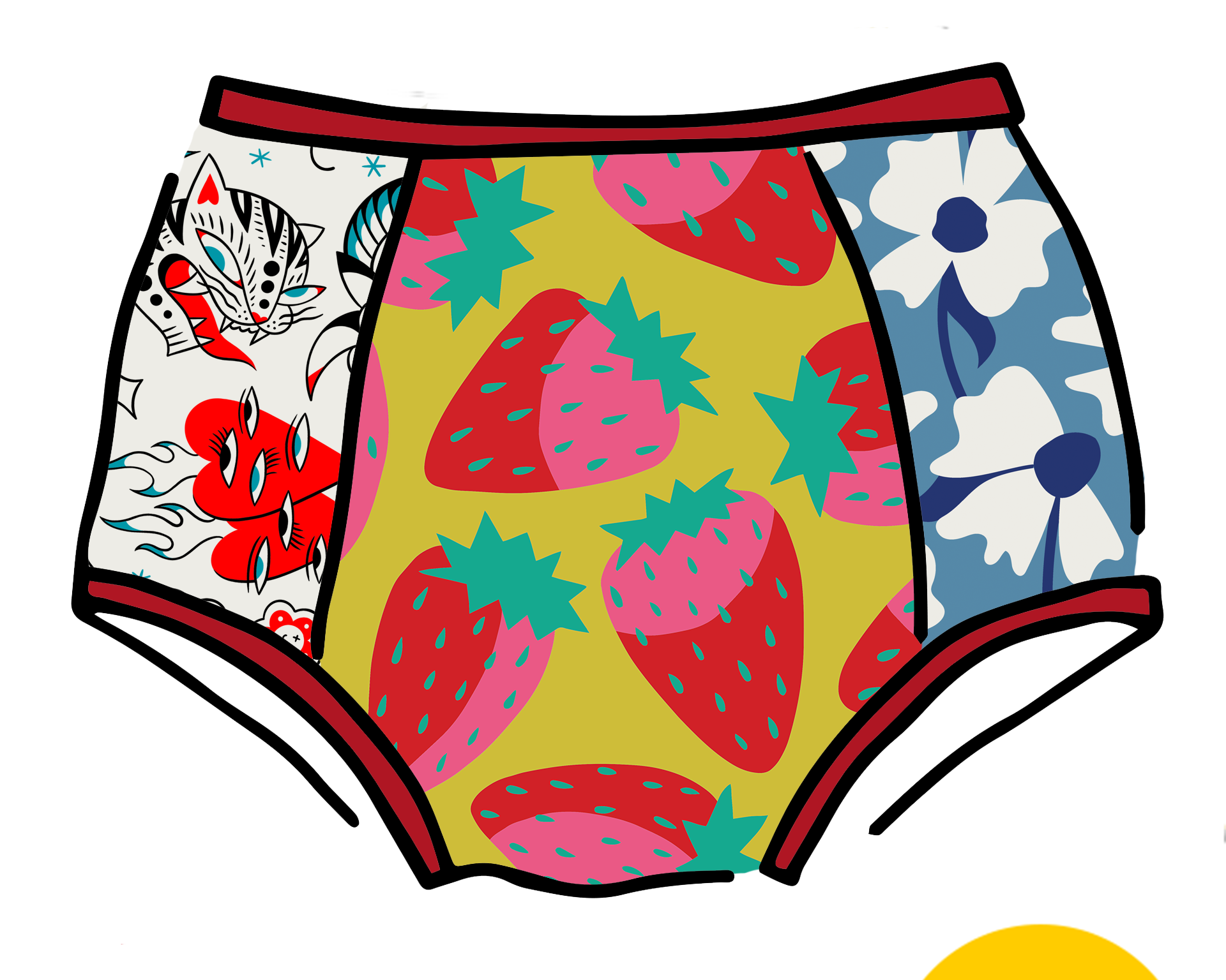 Drawing of Thunderpants Original Panel Pant style underwear with various prints and colors.
