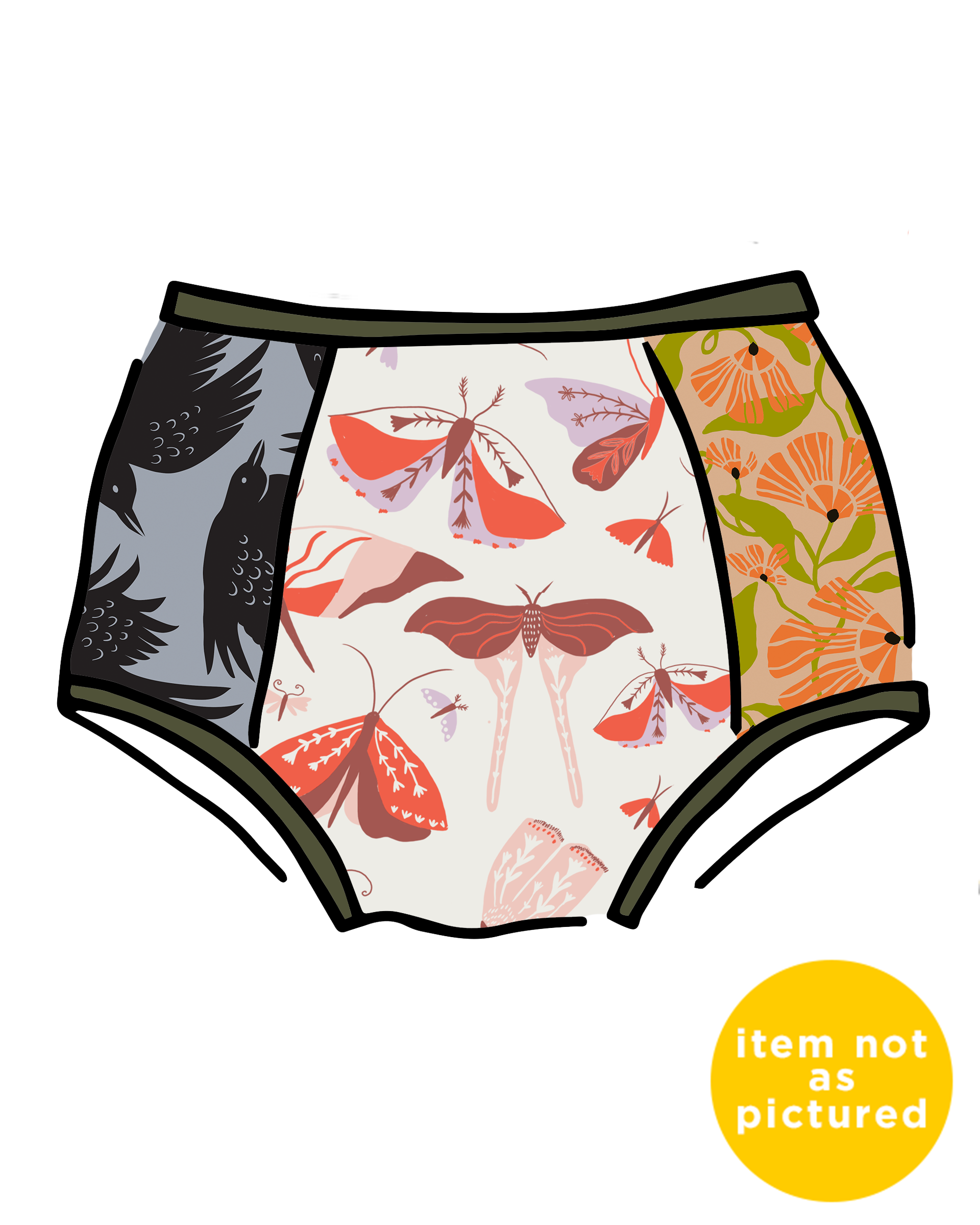 Drawing of Thunderpants Original Panel Pant style underwear with various prints and colors.