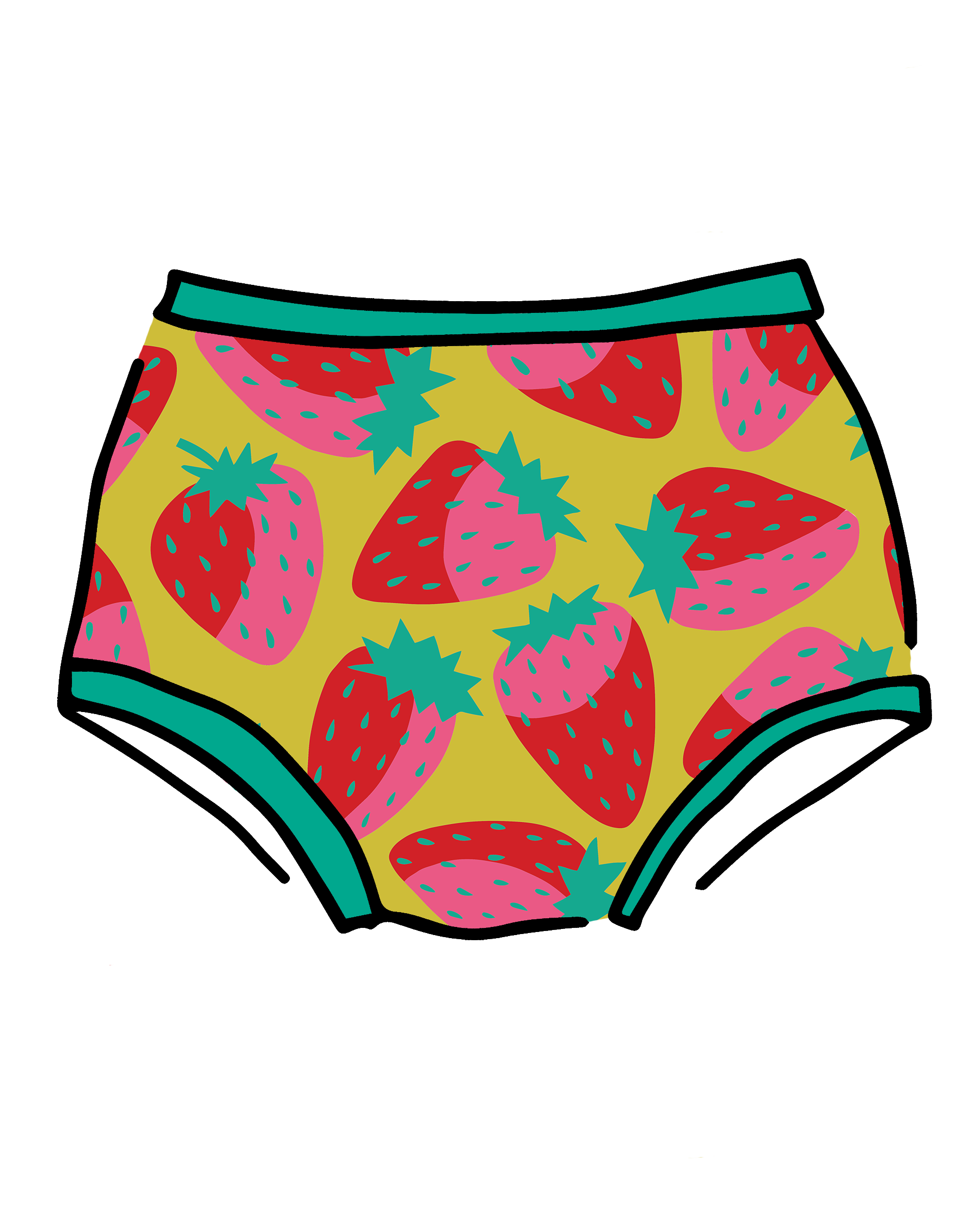 Drawing of Thunderpants Original style underwear in a Strawberry print - pink, red, and peacock green on chartreuse. 