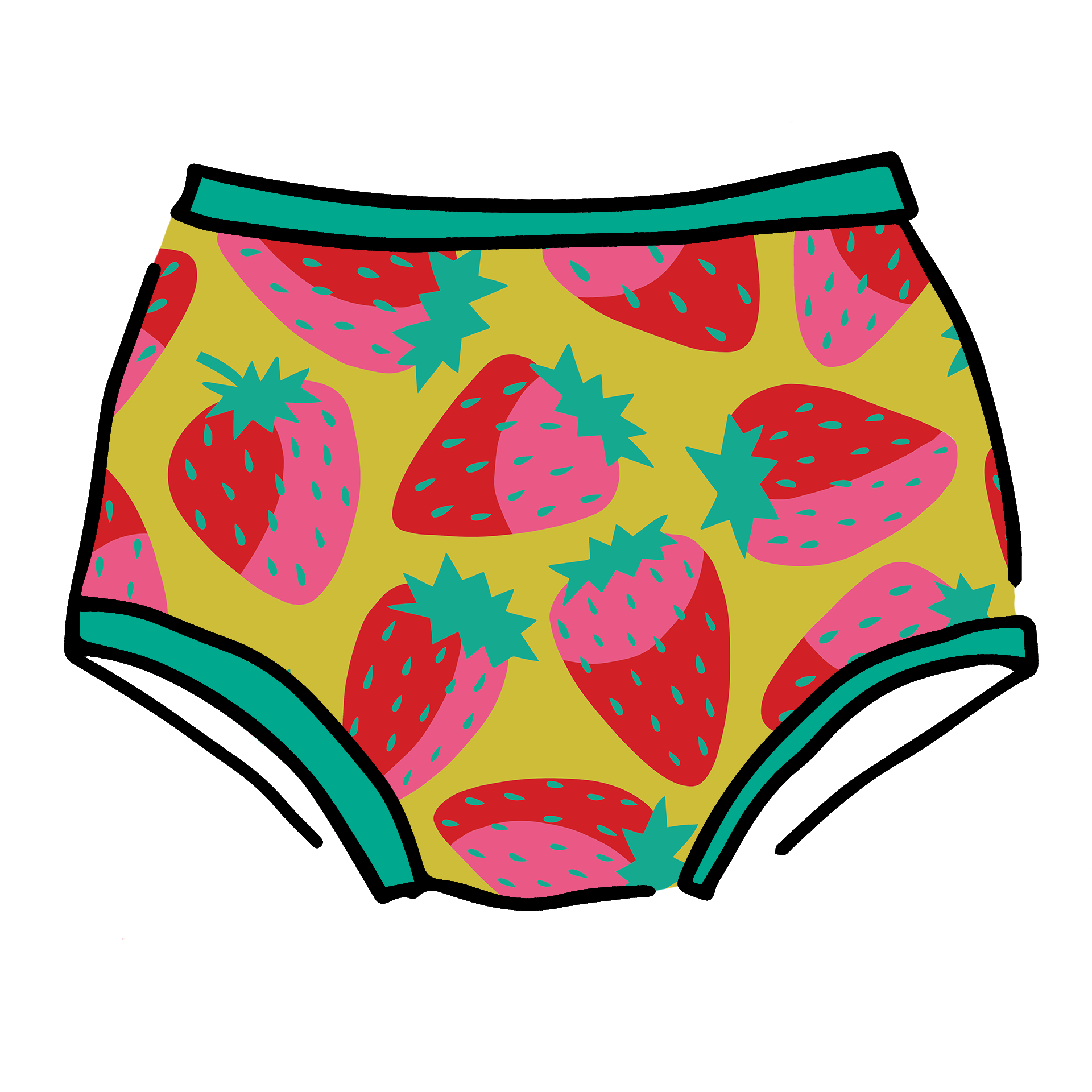 Drawing of Thunderpants Original style underwear in a Strawberry print - pink, red, and peacock green on chartreuse. 