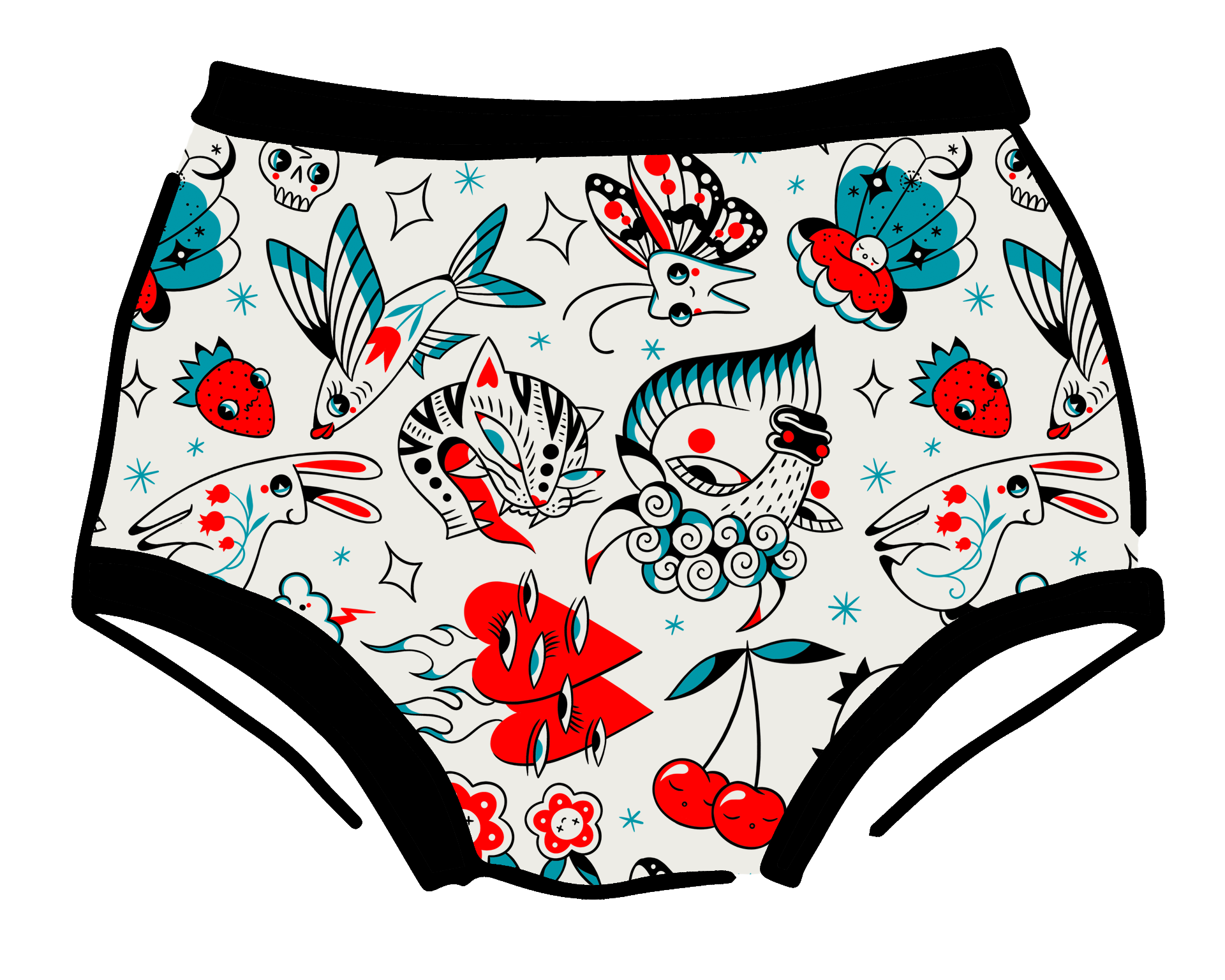 Drawing of Thunderpants Original style underwear in Inked Up - a tattoo pattern with black, red, and blue. 