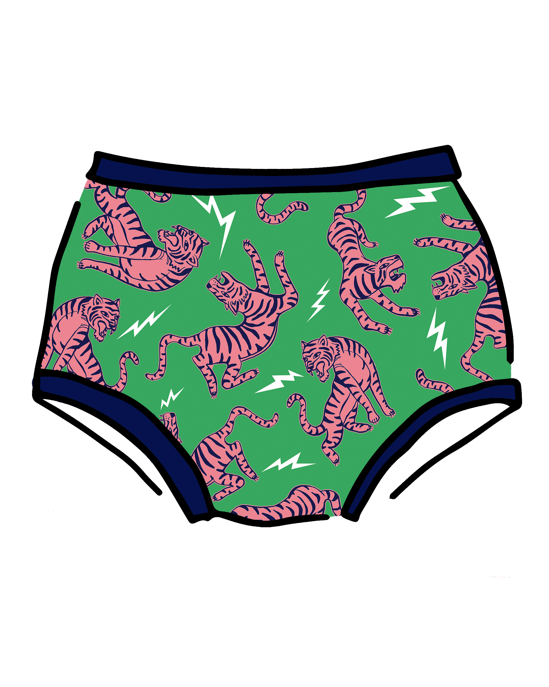 Drawing of Thunderpants organic cotton Original style underwear in Electric Tiger - green with pink and blue tigers and white lightning bolts.