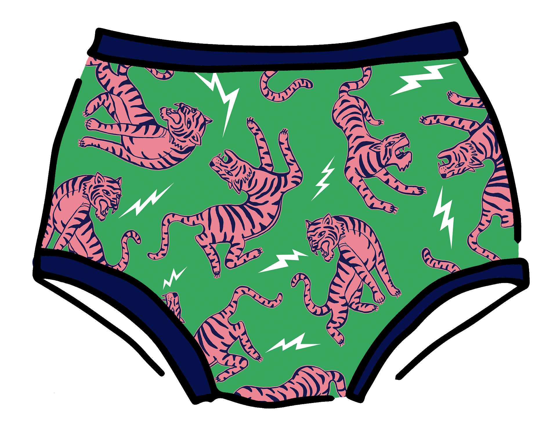 Drawing of Thunderpants organic cotton Original style underwear in Electric Tiger - green with pink and blue tigers and white lightning bolts.