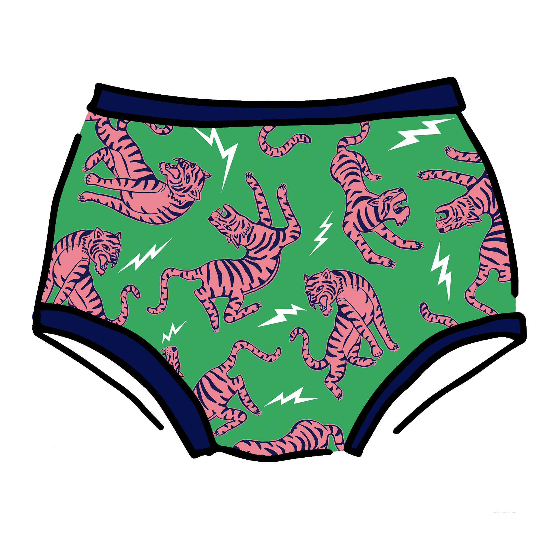Drawing of Thunderpants organic cotton Original style underwear in Electric Tiger - green with pink and blue tigers and white lightning bolts.