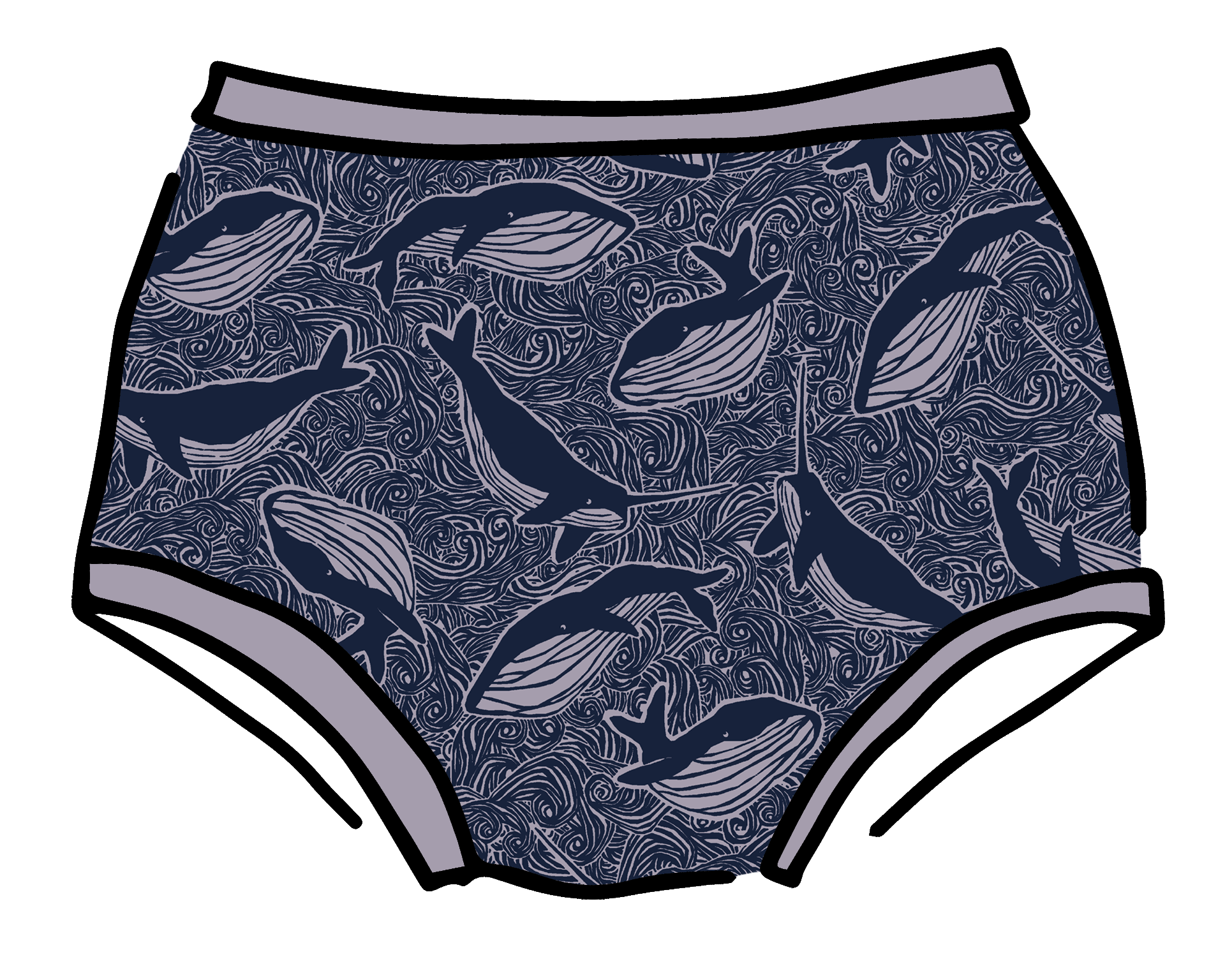 Drawing of Thunderpants Original style underwear in Whale, Whale, Whale print - indigo whales on lavender.