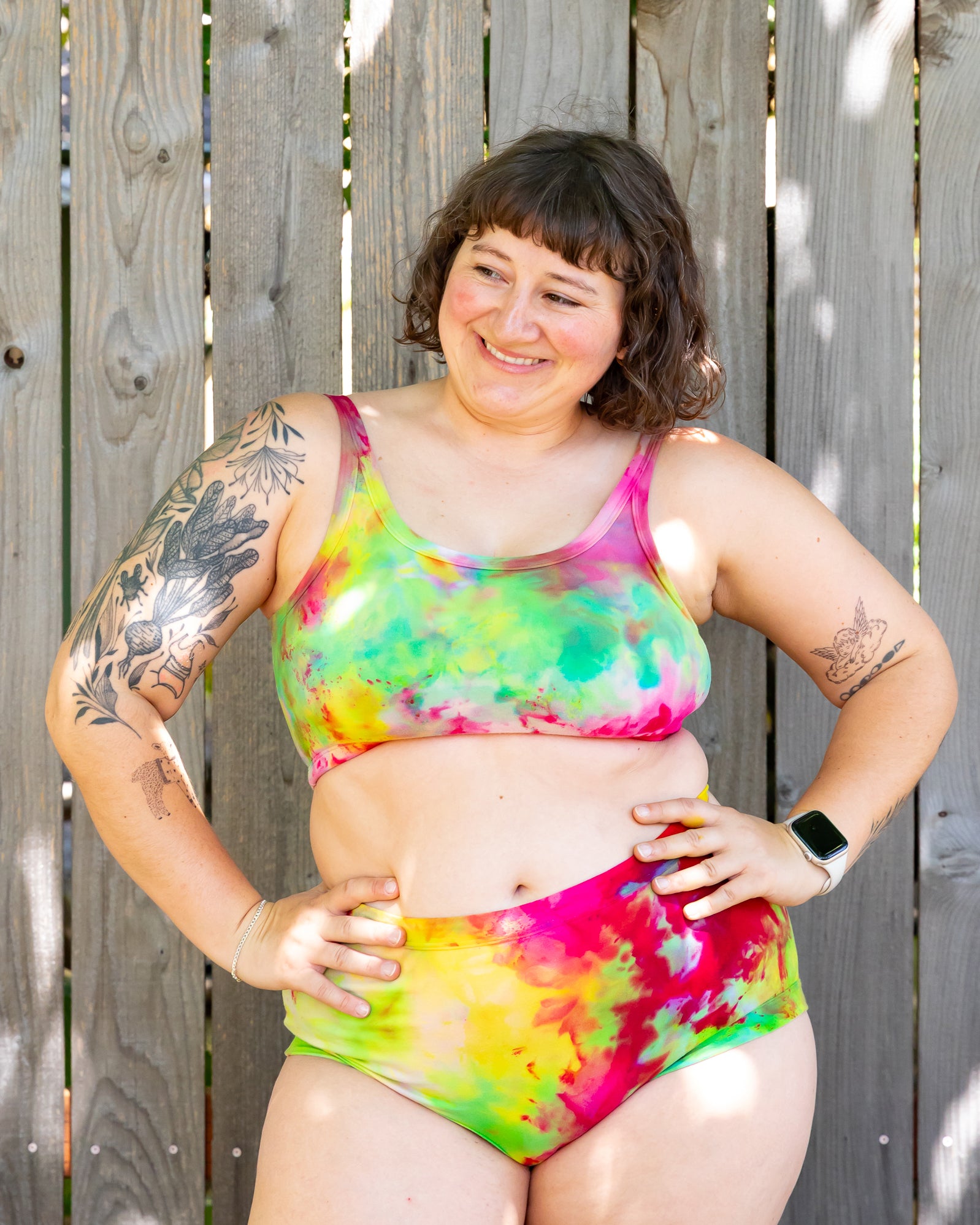 Model wearing Thunderpants Longline Bra and Original style underwear in Summer Crush Ice Dye - pinks, blues, yellows. 